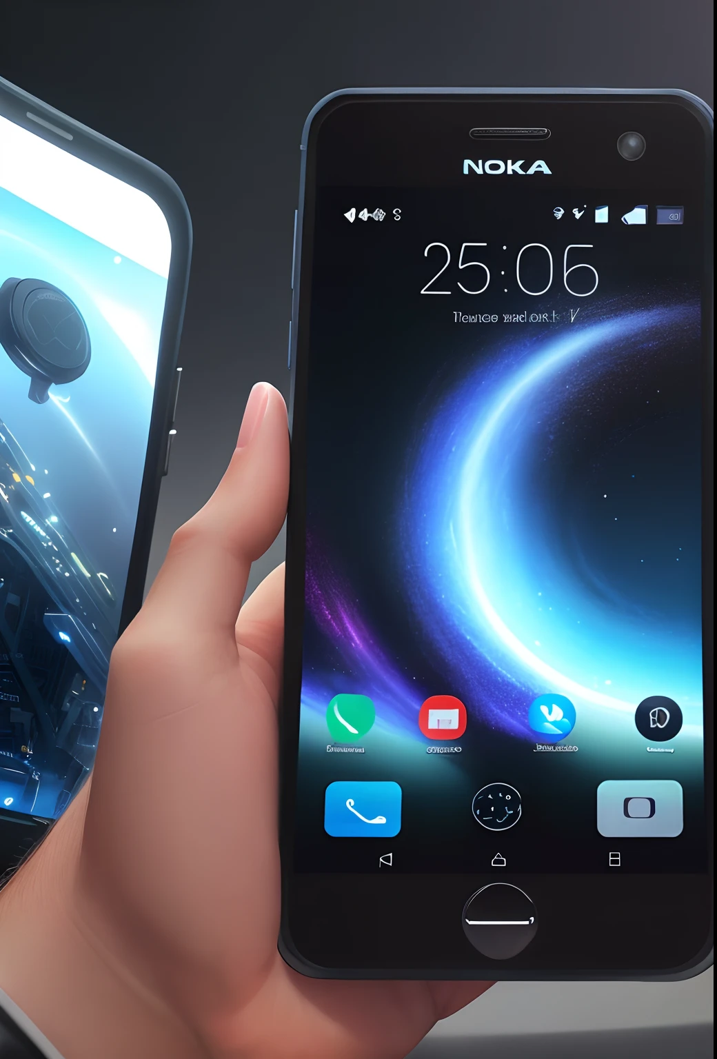 tmasterpiece,Best quality at best,high high quality,extremely detaile,8K,Futuristic ethereal close-up of a mobile phone, smartphone, A mystical environment, Technology meets fantasy, Futuristic phone,AI peripherals, smartphone, Sit at the technical booth, Otherworldly technology, High-tech mobile phone,Futuristic technical background,Futuristic cyberpunk,hyper realisitc,This image shows a black phone,The brand of the phone is Nokia,The screen time on the phone is 6:08,The phone screen background is blue, Technology meets fantasy, phone photo, cell phone, cellular phone, Handheld, future-tech, mobile, Surreal,shutter inventory