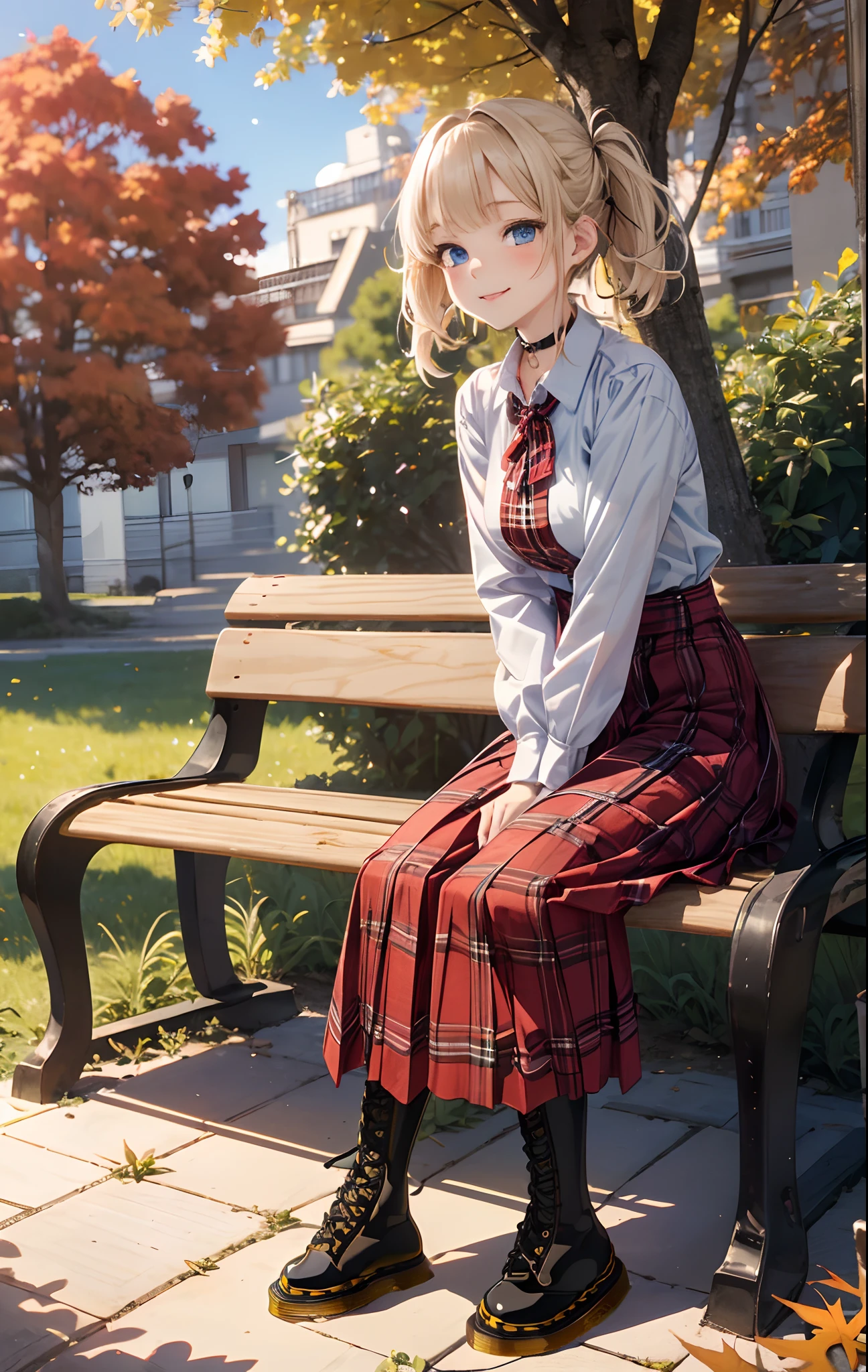absurderes, ultra-detailliert,bright colour, extremely beautiful detailed anime face and eyes,;D,(White open collar shirt:1.3),shiny_skin,25 years old, Short hair, , asymmetrical bangs, Blonde hair with short twin tails, Shiny hair, Delicate beautiful face, red blush、(Deep Blue Eyes:1.3), White skin, hair clips, Maple Forest、sit on a bench,(looking distantly:1.3)、(Red and black plaid long skirt:1.5), Happy smile、I closed one eye、Slender body、(Blue sky in autumn:1.2)、(sun light)、a choker、(Dr. Martens:1.5),(Full body:1.4)、wrist watch