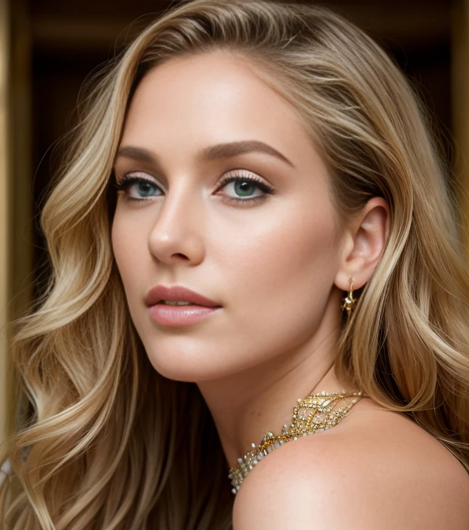 (Masterpiece, 8k, ultra high res, hyper detailed), ((half body)) portrait photo((view from below)) of a beautiful 35 years european woman, endless long (extra long curly blonde hair), flawless face, rule of thirds, realistic perfect eyes and pupils, ((green eyes)),realistic sexy full lips, delicate perfect upturned nose, highly detailed hair,((detailed facial features)), (highly detailed skin), paled skin, realistic skin texture, extreme skin details, (skin pores:1.2),wearing elegant outfit with golden jewels, insane details, intricate details, amazing fine detail, photorealism, hyperrealism, lifelike textures, neutral colors, contrast lighting, dramatic lighting, backlight on hair, sharp focus, depth of field, film grain, dslr, raw photo, photographed with Nikon on Kodak400