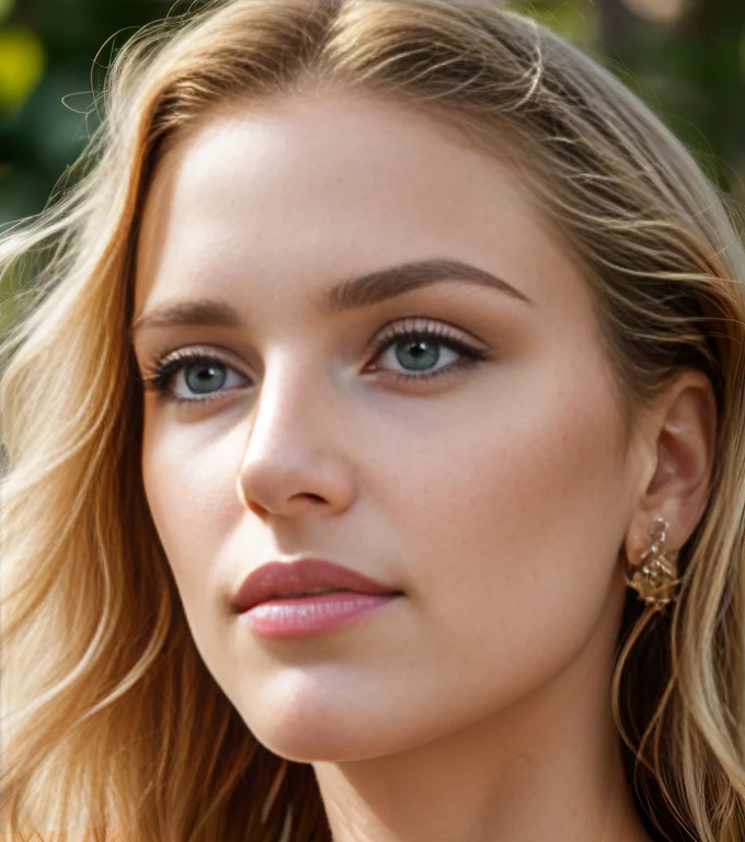 (Masterpiece, 8k, ultra high res, hyper detailed), ((half body)) portrait photo((view from below)) of a beautiful 35 years european woman, endless long (extra long curly blonde hair), flawless face, rule of thirds, realistic perfect eyes and pupils, ((green eyes)),realistic sexy full lips, delicate perfect upturned nose, highly detailed hair,((detailed facial features)), (highly detailed skin), paled skin, realistic skin texture, extreme skin details, (skin pores:1.2),wearing elegant outfit with golden jewels, insane details, intricate details, amazing fine detail, photorealism, hyperrealism, lifelike textures, neutral colors, contrast lighting, dramatic lighting, backlight on hair, sharp focus, depth of field, film grain, dslr, raw photo, photographed with Nikon on Kodak400