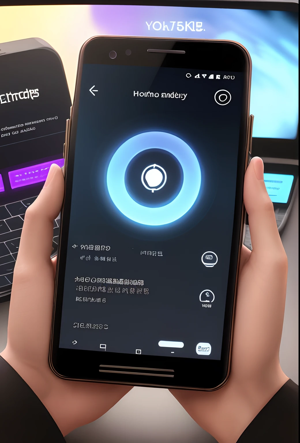 tmasterpiece，Best quality at best，high high quality，extremely detaile，8K，Futuristic ethereal close-up of a mobile phone, smartphone, A mystical environment, Technology meets fantasy, Futuristic phone，AI peripherals, smartphone, Sit at the technical booth, Otherworldly technology, High-tech mobile phone，Futuristic technical background，Futuristic cyberpunk，hyper realisitc，This image shows a black phone，The brand of the phone is Nokia，The screen time on the phone is 6:08，The phone screen background is blue, Technology meets fantasy, phone photo, cell phone, cloud storage, 3840 x 2160, 3840 x 2160, cellular phone, Handheld, future-tech, mobile, Surreal，shutter inventory