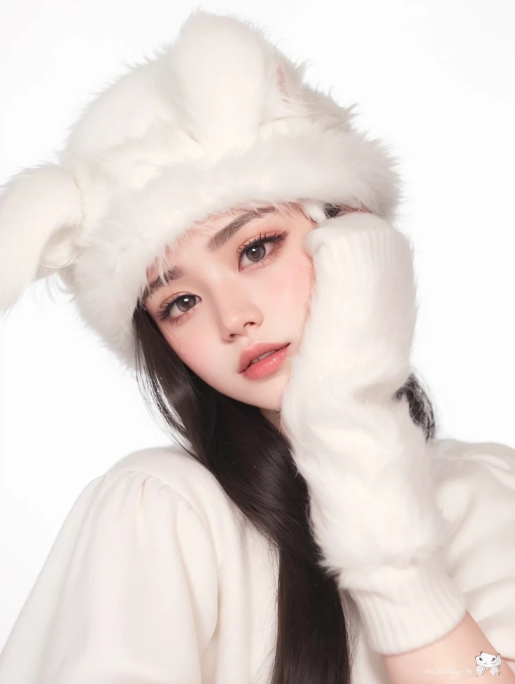 Araffe woman wearing a white hat and gloves posing for a photo, smol fluffy cat wearing smol hat, Pelo branco, orelhas de raposa branca, dilraba dilmurat, com pelo fofo branco, orelhas de raposa fofas, Branco ( Gato ) garota, pelo fofo fofo, pale snow white skin, Ulzzang, Sakimichan, Xision Wu