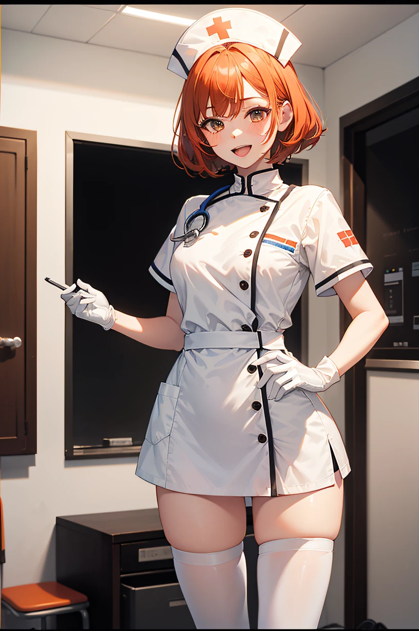 1girl, solo, nurse, nurse cap, white wear, ((white legwear, zettai ryouiki)), white gloves, very short hair, orange hair, smile, open mouth, standing, ((hospital room)), sharp outline, short sleeves, tomboy, boyish, best quality, masterpiece