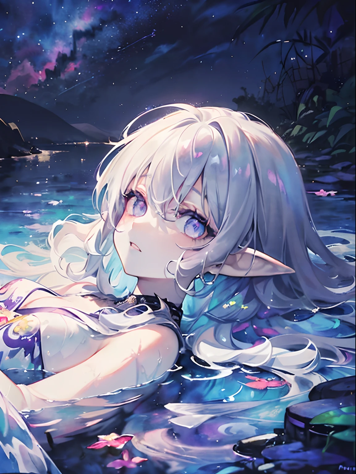 (masterpiece,best quality,ultra-detailed),1girl,dark purple hair,messy hair,thick hair,beautiful and detailed face, detailed eyes,looking at viewer,((grey theme),pointy ears,pale skin,((night)),((dark ambient)),starry sky,(((aquarelle))),lying in water