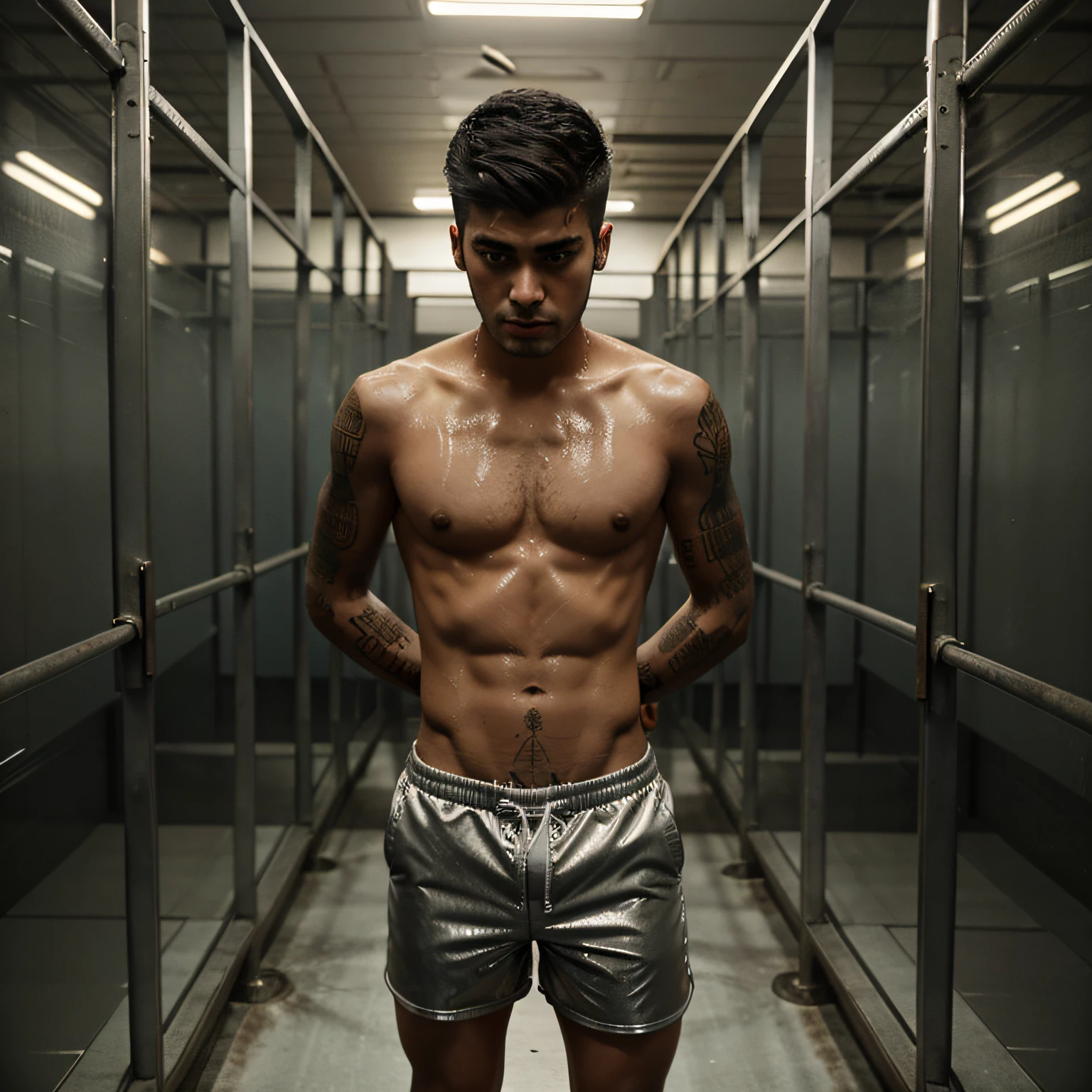 Zayn Malik in a steel cage wearing wet shorts