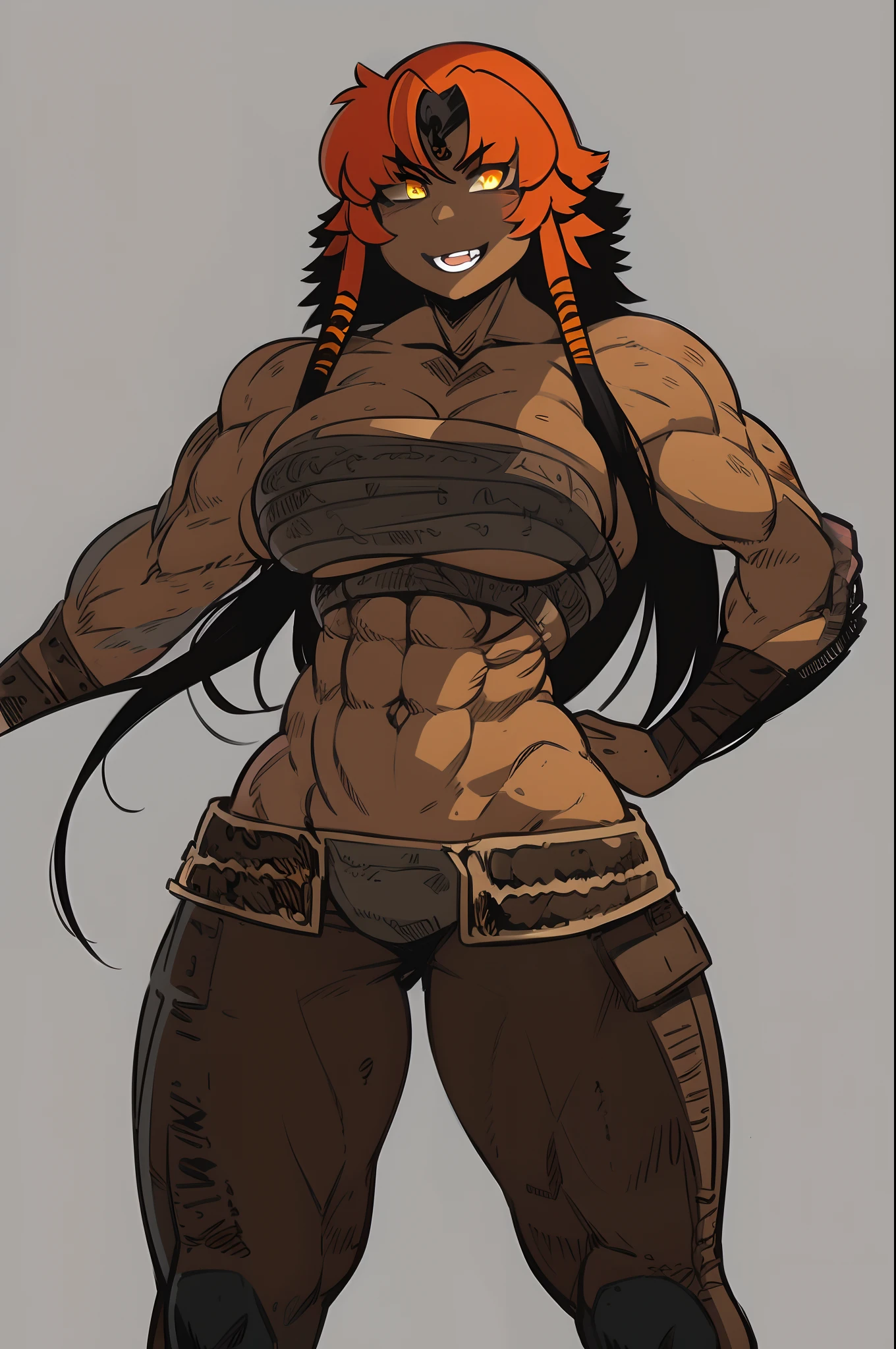 best quality, masterpiece, best shadows, black and orange hair, dark skin,,standing, full body, big , musclegirl, barbarian revealing cloths, , smile,#fashion design #warrior #woman #armor #clothing Trigger Words: barbarian_woman armor, smile open mouth