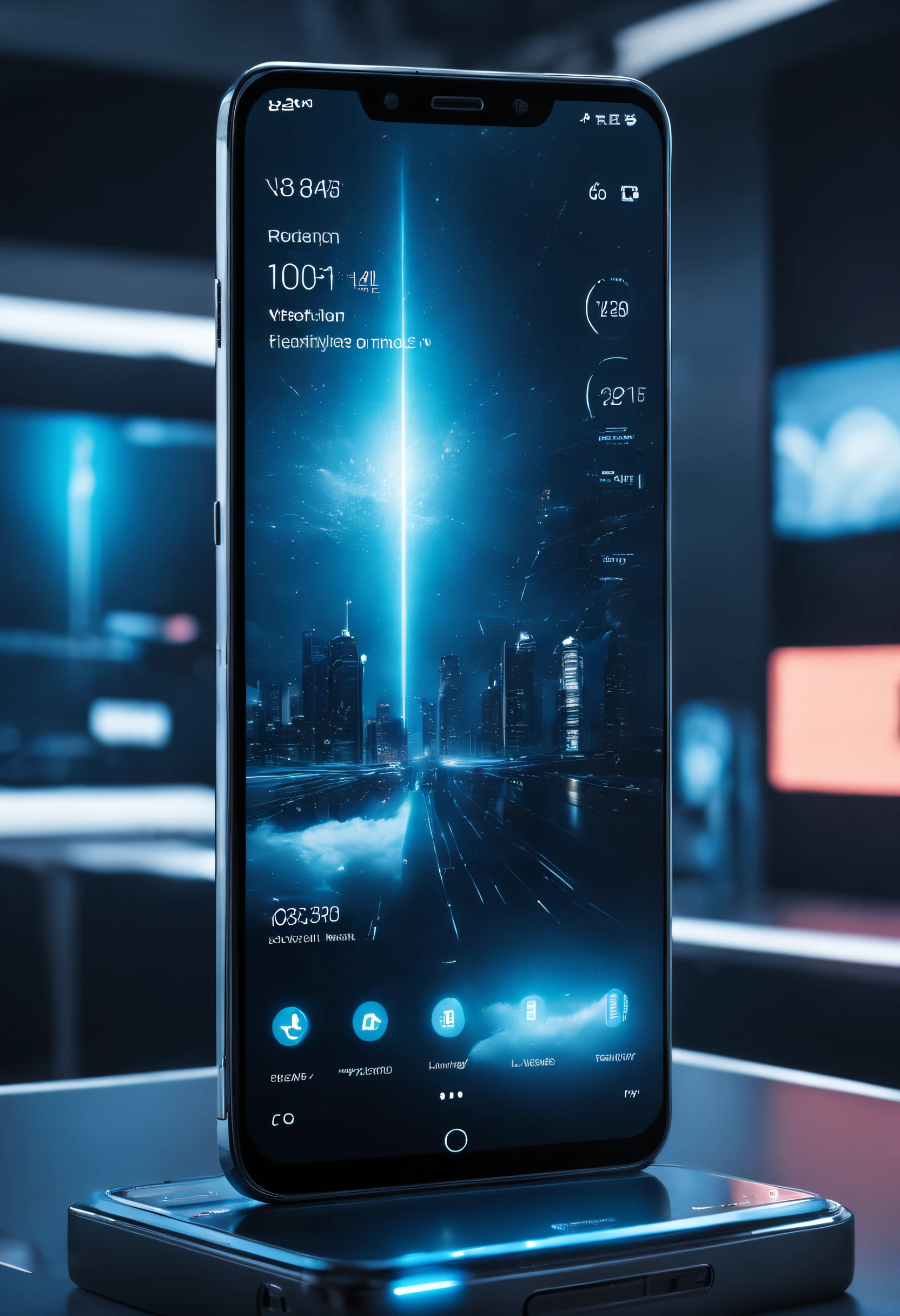 tmasterpiece，Best quality at best，high high quality，extremely detaile，8K，Futuristic ethereal close-up of a mobile phone, smartphone, A mystical environment, Technology meets fantasy, Futuristic phone，AI peripherals, smartphone, Sit at the technical booth, Otherworldly technology, High-tech mobile phone，Futuristic technical background，Futuristic cyberpunk，hyper realisitc，This image shows a black phone，The brand of the phone is Nokia，The screen time on the phone is 6:08，The phone screen background is blue, Technology meets fantasy, phone photo, cell phone, cloud storage, 3840 x 2160, 3840 x 2160, cellular phone, Handheld, future-tech, mobile, Surreal，shutter inventory