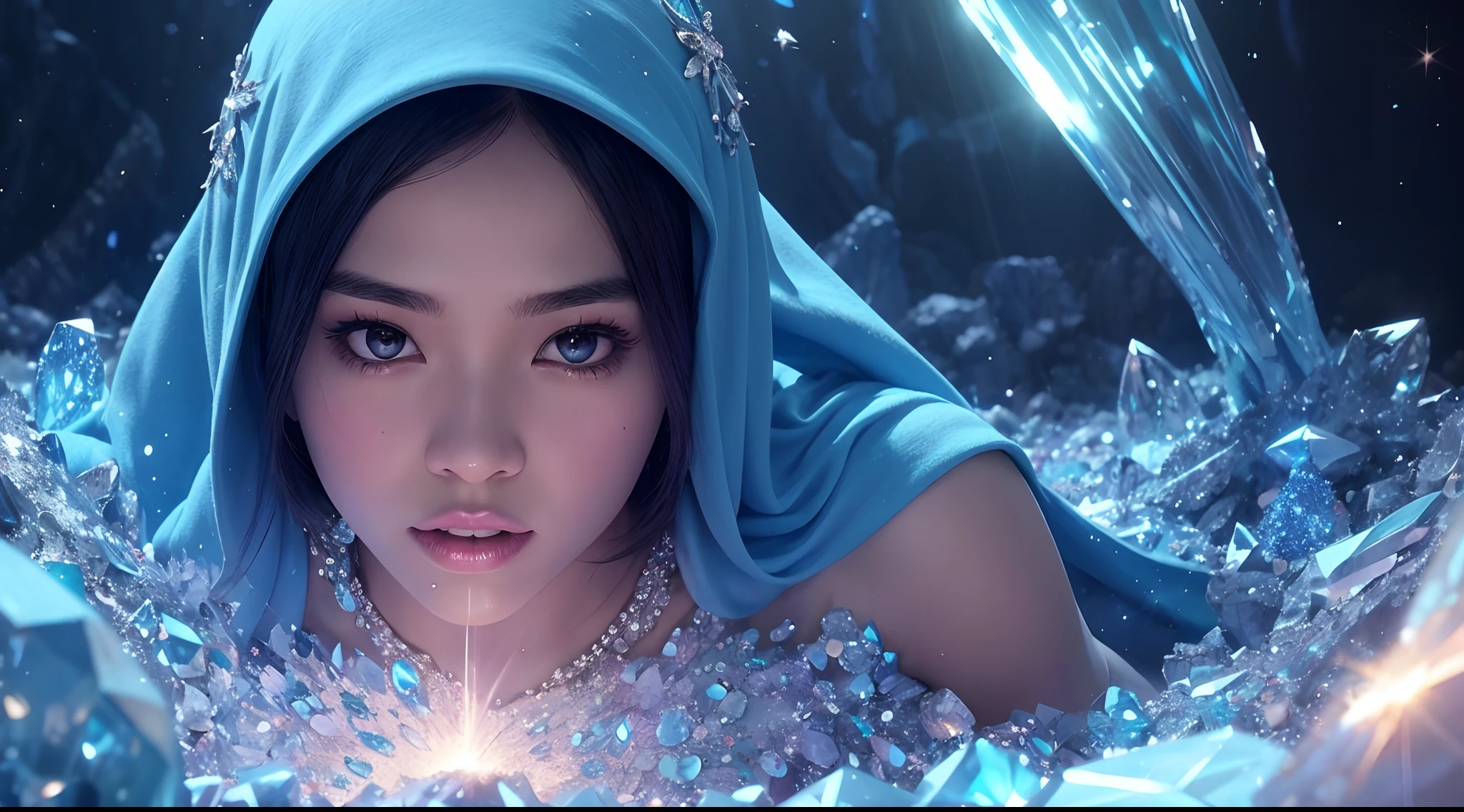 Capture the Malay girl with blue hijab in a vast cavern filled with towering, sparkling crystals. The radiant crystals reflect the light, casting a surreal and enchanting glow. style raw, pastel color grading, Super 8mm lense, Extreme close-up, Deep Focus cinematography effect