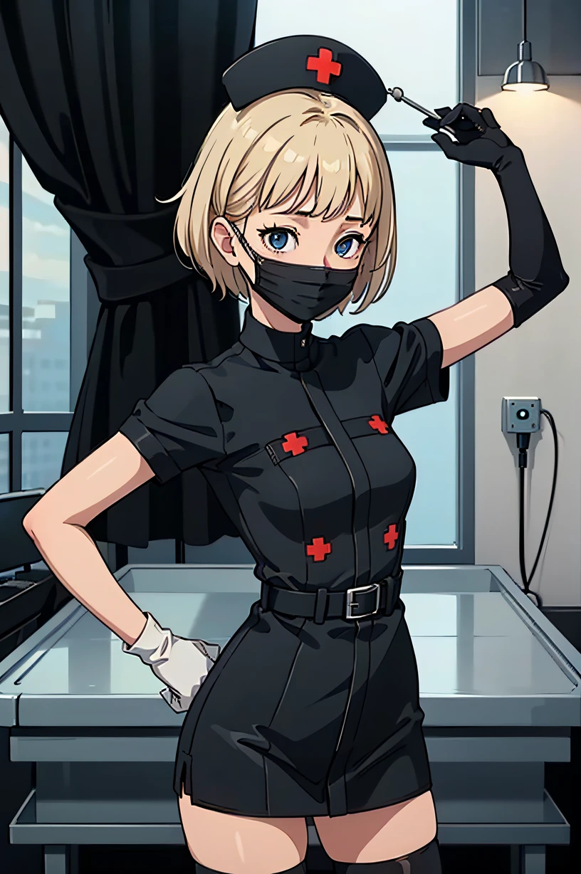 black nurse, 1girl, solo, black nurse cap, black wear, ((black legwear, zettai ryouiki)), black elbow gloves, blonde hair, blue eyes, ((black surgical mask, covered nose)), standing, ((surgery room)), sharp outline, short sleeves, best quality, masterpiece