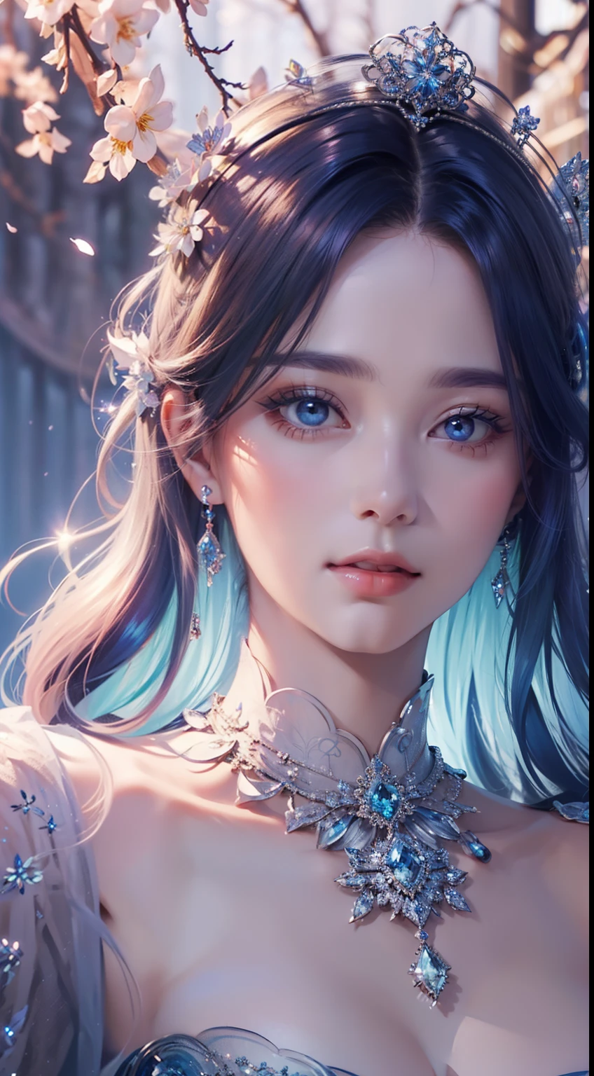 tmasterpiece,Highest high resolution,((magic orb)),Dynamic bust of beautiful aristocratic maiden,Blue hair is elegantly curled,((Wearing a large flower crown)),Purple clear eyes,(((The hair is covered with beautiful and delicate floral craftsmanship, Crystal jewelry filigree))),Ultra-detailed details,upscaled,The earth rises。