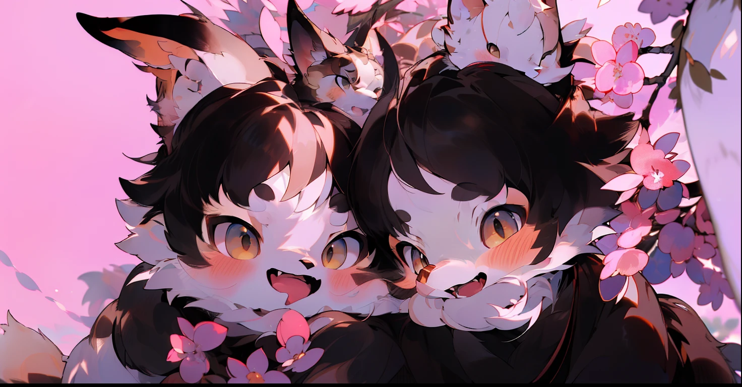 depth of field, perfect lighting, light particles,(best quality),(masterpiece),(ultra detailed),sharp focus,light particles,  niji, eyesgod,  blush, brown_eyes, looking_at_viewer, smile, solo, furry, animal_ear_fluff, open_clothes, arms behind back, upper body, tail, kimono, japanese clothes, sunlight, tree, open mouth,  from below, arms behind back,
