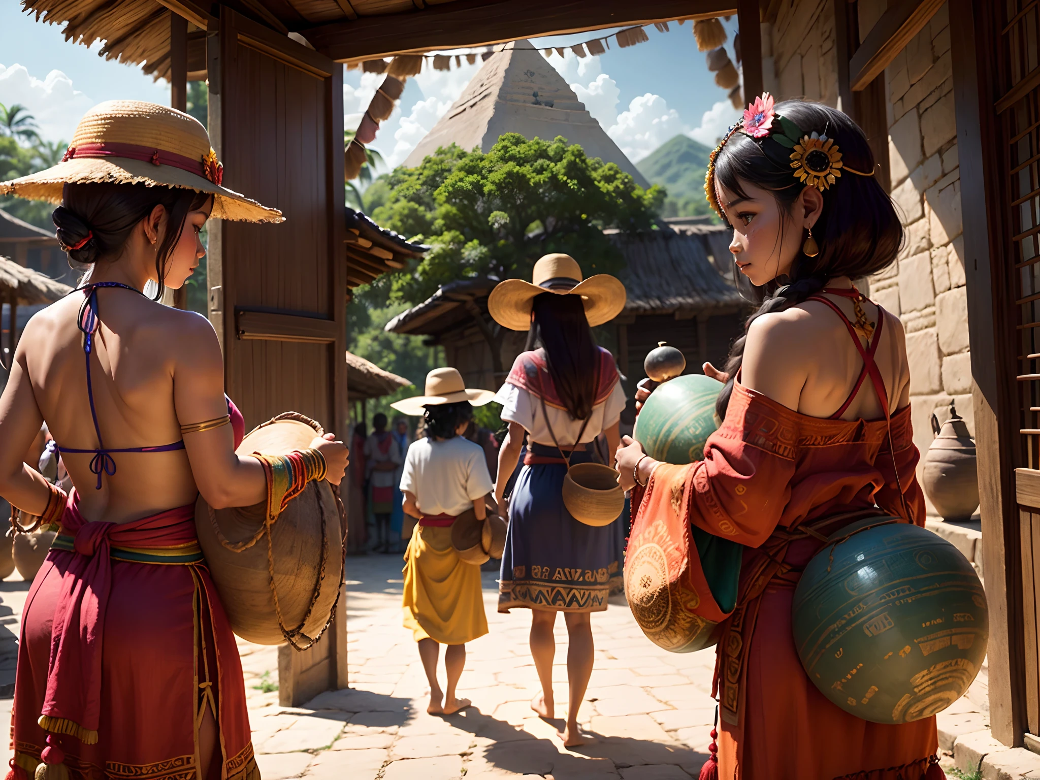 Transport yourself to the vibrant era of the Maya civilization, where life unfolds against the backdrop of lush rainforests and majestic pyramids. Envision a bustling scene in a Maya community, capturing the essence of daily life and social interaction. Picture families engaged in various activities: artisans crafting intricate pottery and textiles, farmers tending to flourishing maize fields, and children playing traditional games in the courtyard. The air is filled with the sounds of laughter, the rhythmic beat of drums, and the bustling chatter of a tightly-knit community. Immerse the scene in the rich colors of Maya textiles and vibrant feathers adorning ceremonial headdresses. Market stalls showcase an array of exotic fruits, spices, and handcrafted goods, creating a tapestry of textures and hues that reflect the diversity of Maya culture. In the distance, imagine a ceremonial ritual taking place at the heart of the community, with priests adorned in elaborate ceremonial attire conducting ceremonies to honor their deities. The atmosphere is alive with a sense of spirituality and communal connection. This prompt aims to inspire an image that encapsulates the intricate tapestry of Maya life, emphasizing the harmonious coexistence of community members as they celebrate their traditions, craftsmanship, and the natural abundance of their surroundings.