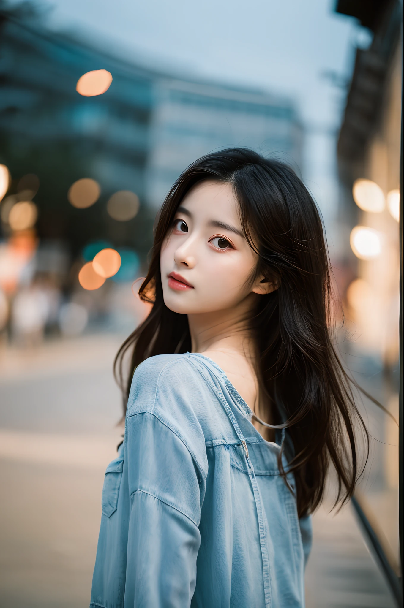Cinematic Photo of a beautiful korean fashion model bokeh train