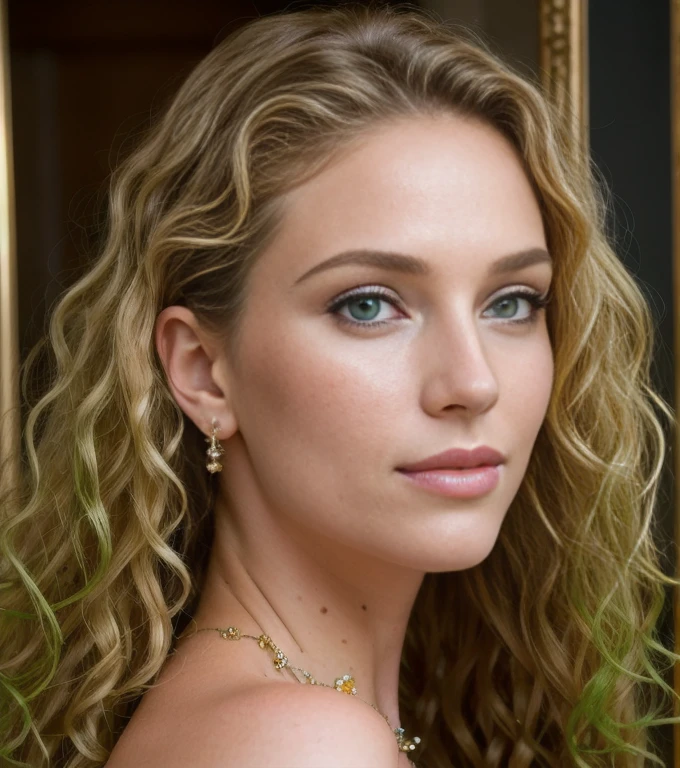 (Masterpiece, 8k, ultra high res, hyper detailed), ((half body)) portrait photo((view from below)) of a beautiful 35 years european woman, endless long (extra long (((curly )))) blonde hair), slim waist, flawless oval face, rule of thirds, realistic perfect eyes and pupils, ((green eyes)),realistic sexy full lips, delicate perfect upturned nose, highly detailed shiny curly hair,((detailed facial features)), (highly detailed skin), paled skin, realistic skin texture, extreme skin details, (skin pores:1.2),wearing elegant outfit with golden jewels, insane details, intricate details, amazing fine detail, photorealism, hyperrealism, lifelike textures, neutral colors, contrast lighting, dramatic lighting, backlight on hair, sharp focus, depth of field, film grain, dslr, raw photo, photographed with Nikon on Kodak400
