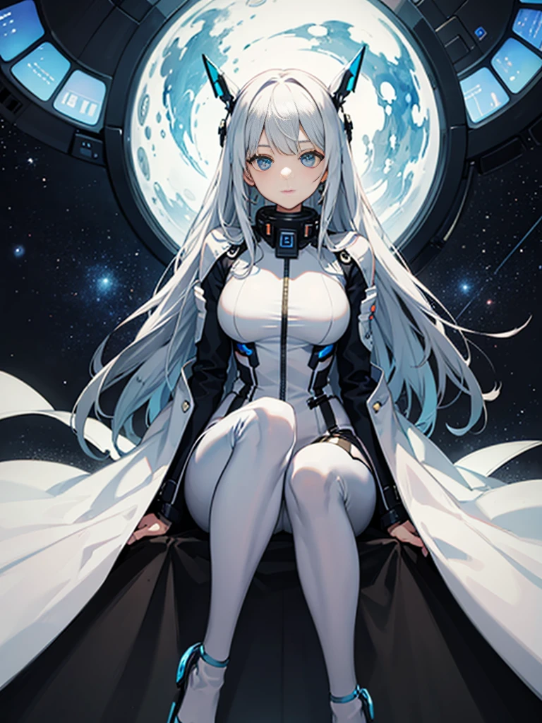 Slender beautiful girl、(White and blue futuristic space station background):1.2、Tight-fitting bodysuits of the near future、hight resolution、top-quality、The ultra-detailliert、Fine details、Does not blush cheeks、knee high、Undersized breasts、shorth hair、head phone