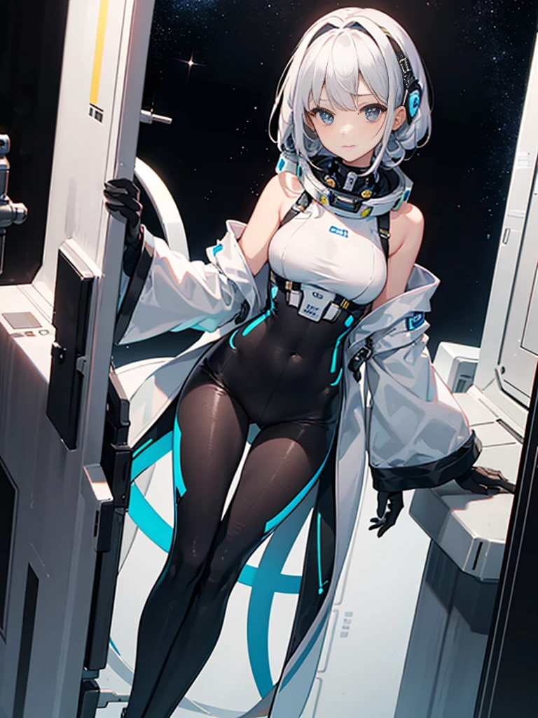 Slender beautiful girl、(White and blue futuristic space station background):1.2、Tight-fitting bodysuits of the near future、hight resolution、top-quality、The ultra-detailliert、Fine details、Does not blush cheeks、knee high、Undersized breasts、shorth hair、head phone