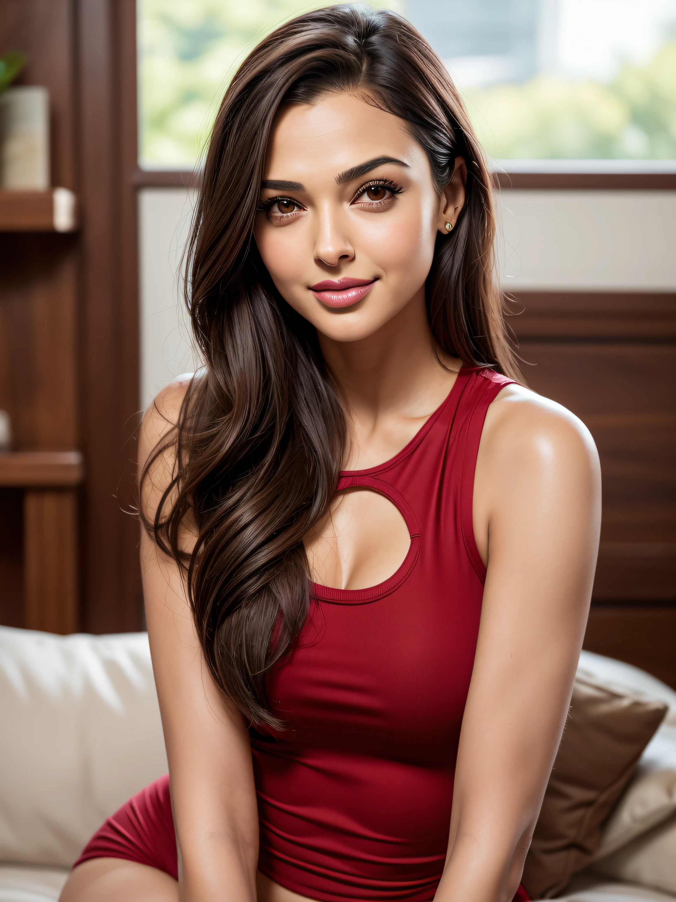 ((Masterpiece)), ((Realistic)), 8k, (headshot), (looking_at_viewer), (Beautiful+attractive+{clean skin}+feminine+((lovely))+((motherly))+(smiling)+(friendly)+(nerd:0.8)+{soft skin}+{soft body}), {28 years}, {clean skin}, {tanned:1.1 skin}, (oval face shape), (Gal Gadot:0.2 face shape), {straight hair}, (((dark brown hair))), (small forehead), (small Victoria Justice:0.2 forehead), (small eyebrows), (small (round eyebrows)), {Aishwarya Rai:0.2 eyebrows}, flirting (((brown eyes))), flirting ((almond eyes)), {flirting Eva Longoria:0.3 eyes}, (((small broad eyes))), ((low profile nose)), (thin nose-bridge nose), (thin nose-tip nose), (thin nostril nose), ((perfect nose)), {thin Aishwarya Rai:0.3 nose}, {big Ana de Armas:0.2 cheeks}, (big round cheeks), {big beautiful cheeks}, {deep dimpless cheeks}, (big feminine cheeks), {big cute cheeks}, {beautiful mouth}, {feminine mouth}, {small red lips}, {small beautiful lips}, {small feminine lips}, {small Aishwarya Rai:0.1 lips}, (rounded jaw), (small jaw), {Carmen Villalobos:0.2 jaw}, {beautiful jaw}, {feminine jaw}, ((broad jaw)), (arched chin), (small chin), {Carmen Villalobos:0.2 chin}, ((wearing a red keyhole top))