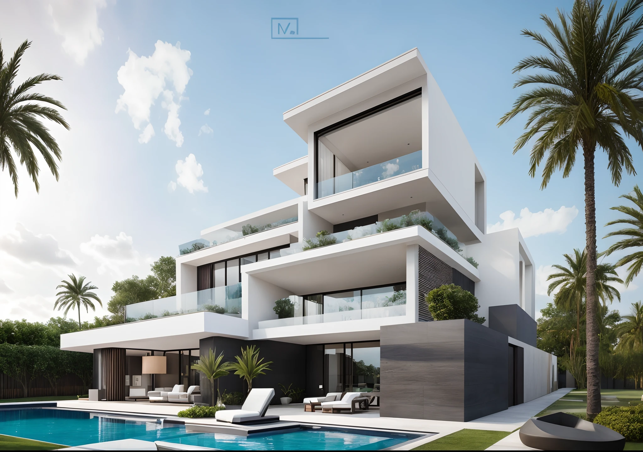 (masterpiece),(high quality), best quality, real,(realistic), super detailed,(full detail),(4k),8k,modern house exterior design,Modern architecture,white house,white stone mix gray stone mix wood,Beautiful_sky,Day_light, no_humans, outdoors,sky,Tropical_trees,Pool and Garden_flower_front_of_building,pool villa,