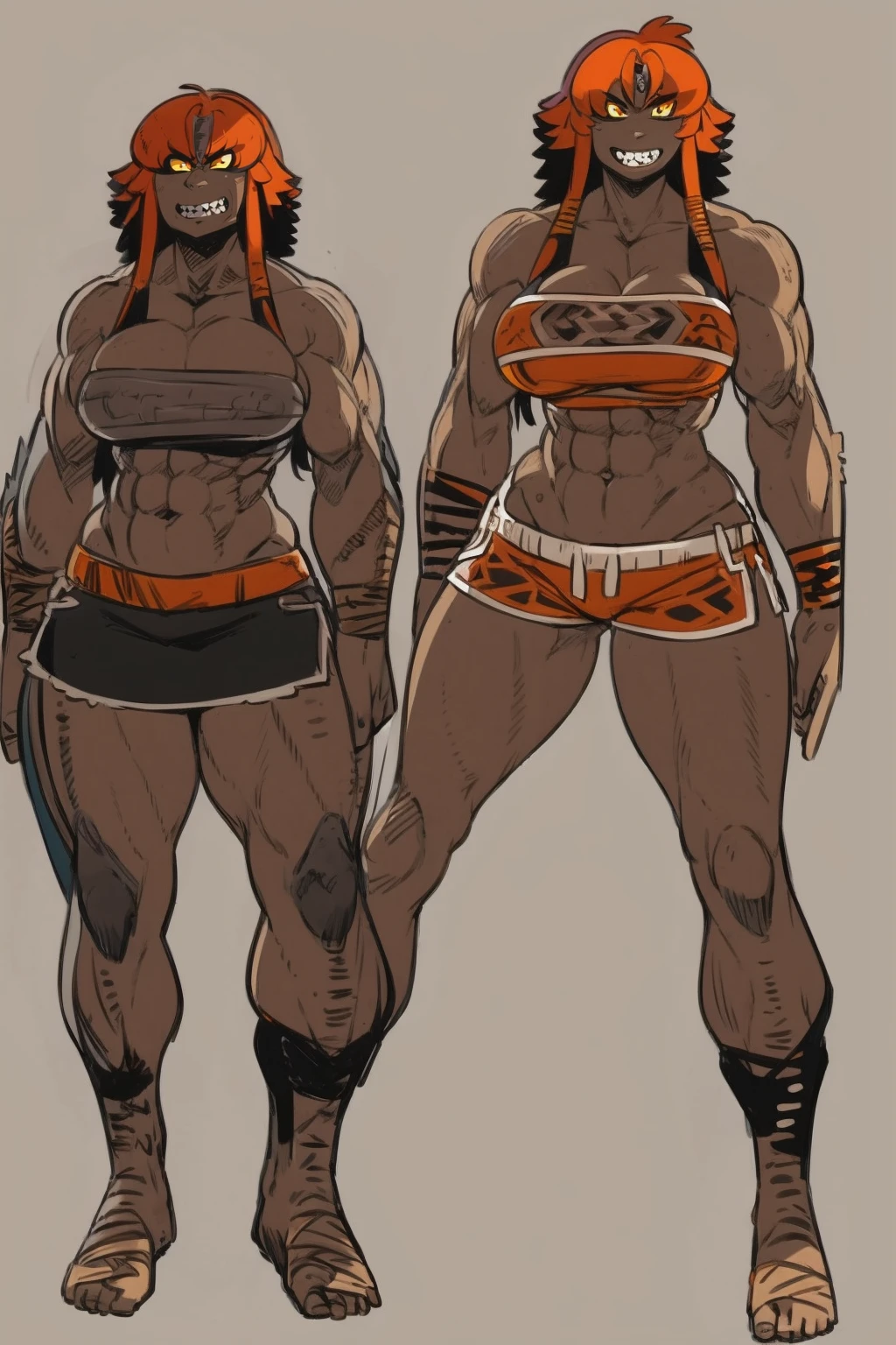 best quality, masterpiece, best shadows, black and orange hair, dark skin,,standing, full body, big breast, musclegirl, barbarian revealing cloths, sharpteeth, smile,#fashion design #warrior #woman #armor #clothing Trigger Words: barbarian_woman armor, full body, flipflops