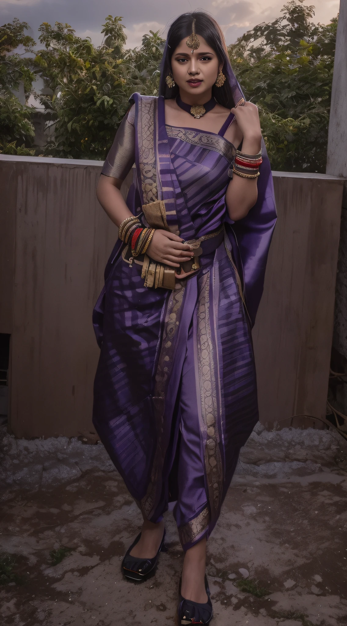 there is a woman standing on a roof with a purp9 sari, wearing an elegant tribal outfit, dressed in a sari, wearing a sari, blue colored traditional wear, wearing sari, wearing a steampunk sari, wearing bihu dress mekhela sador, wearing traditional garb, traditional clothes, assamese aesthetic, traditional dress, traditional clothing, indian style