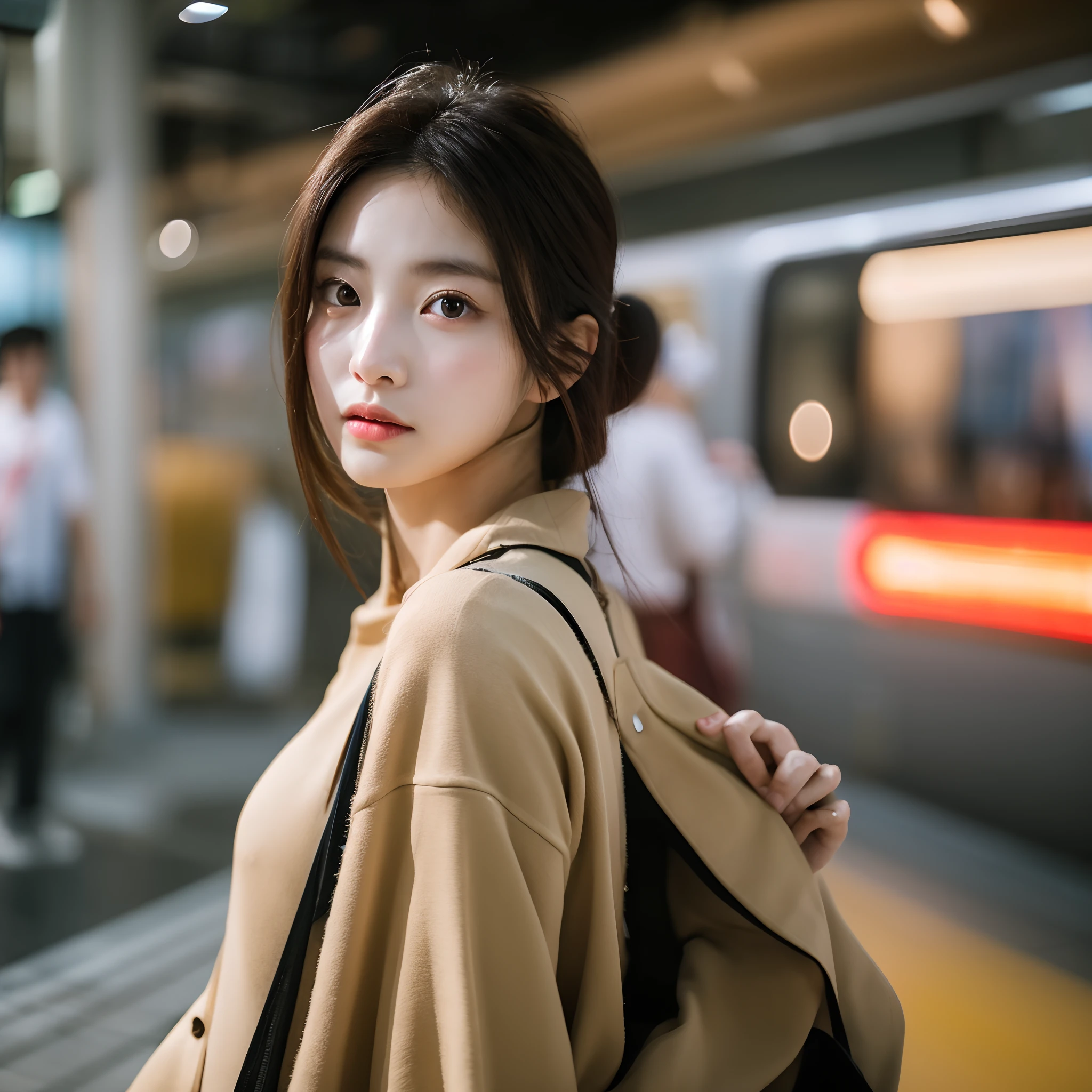 Cinematic Photo of a beautiful korean fashion model bokeh train