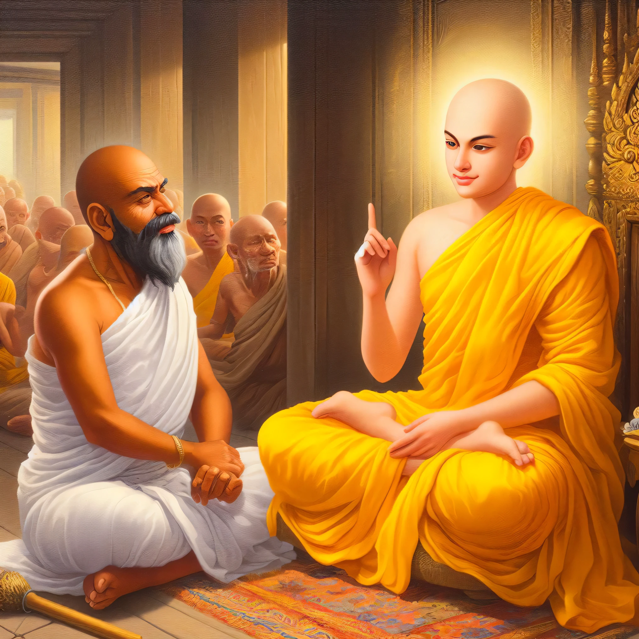 arafed image of a man sitting on a rug with a monk, buddhist, buddhism, on path to enlightenment, wise old indian guru, on the path to enlightenment, hindu stages of meditation, 2 1 st century monk, samsara, inspired by Bapu, karma sutra, enlightenment, love of wisdom, yellow robes, wearing brown robes, bald