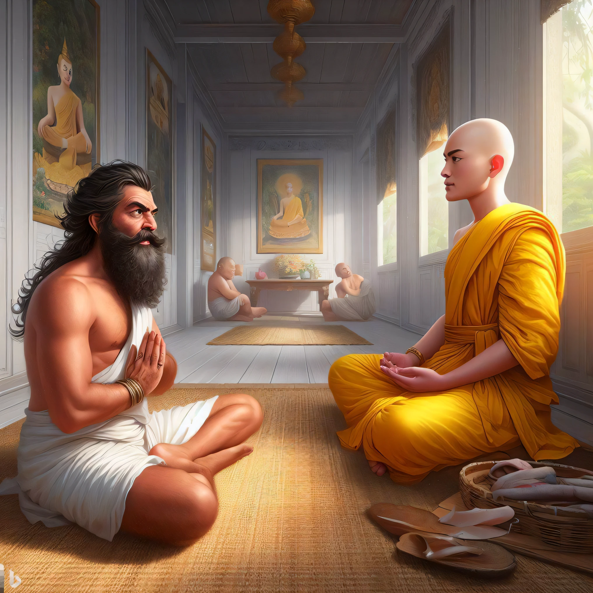there are two men sitting on the floor in a room, hindu stages of meditation, on path to enlightenment, by John La Gatta, by Galen Dara, on the path to enlightenment, by Alexander Kucharsky, inspired by Bapu, by Daryush Shokof, buddhism, monk meditate, by Artur Tarnowski, buddhist
