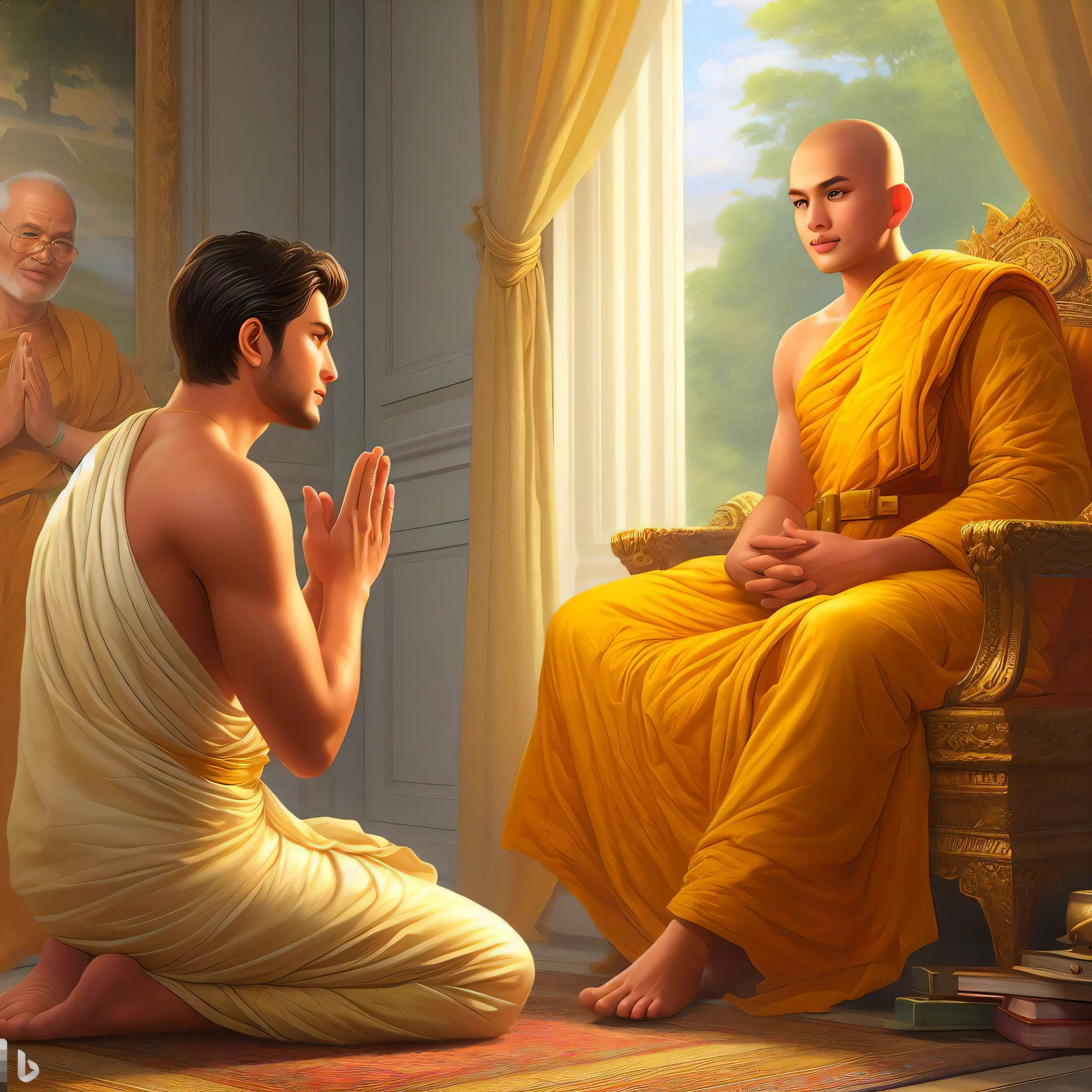 arafed monk sitting on a chair with a man in a yellow robe, buddhist, buddhism, by John La Gatta, monk meditate, hindu stages of meditation, on path to enlightenment, on the path to enlightenment, monk clothes, his mind contemplating eternity, yellow robes, samsara, beautiful depiction, the buddha, by Daryush Shokof