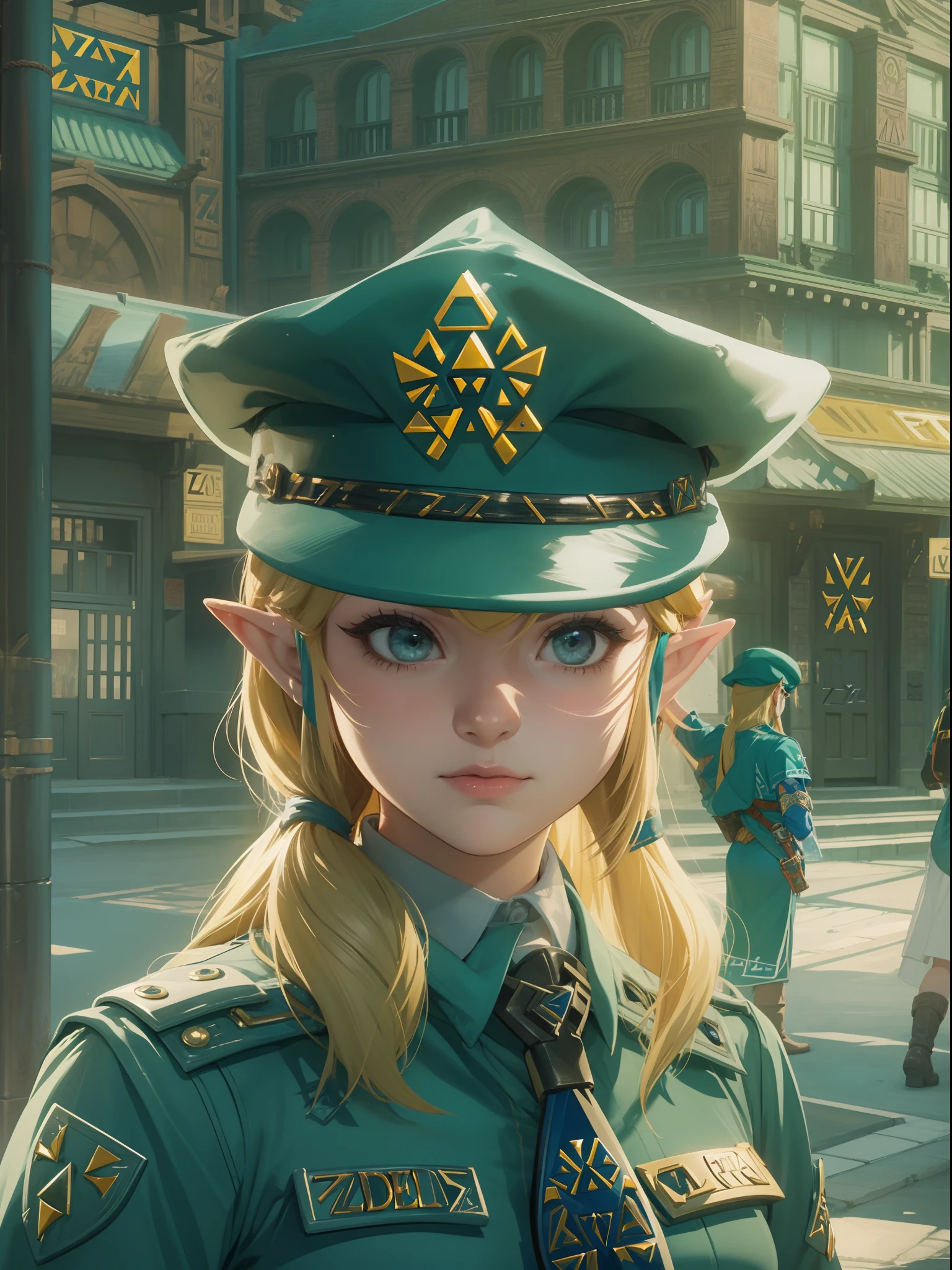 (((Zelda style scenery))), 1girl, police uniform, police hat, policewoman, sts, zelda style scenery, 8K resolution, best quality, masterpiece collection