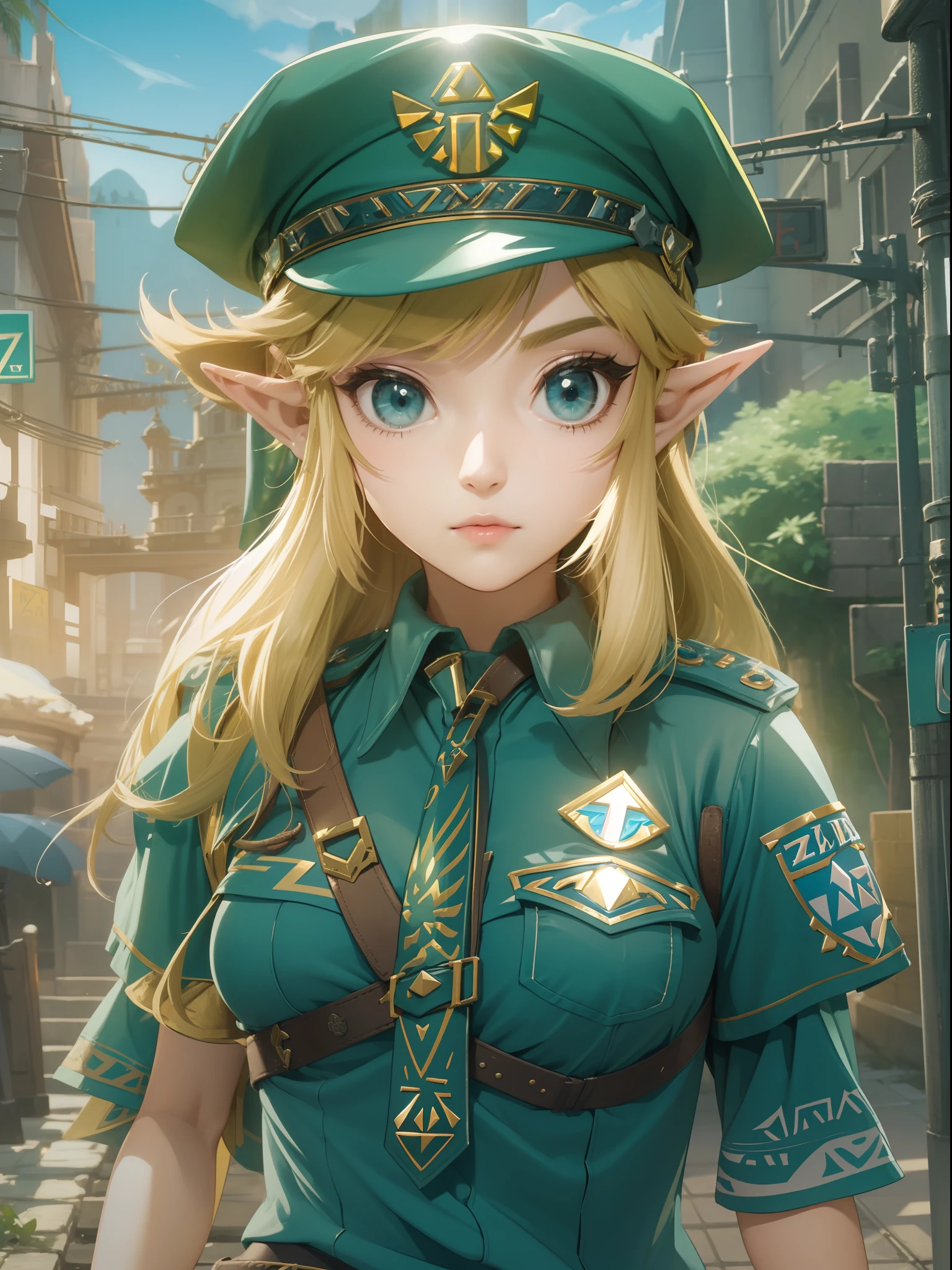 (((Zelda style scenery))), 1girl, police uniform, police hat, policewoman, sts, zelda style scenery, 8K resolution, best quality, masterpiece collection
