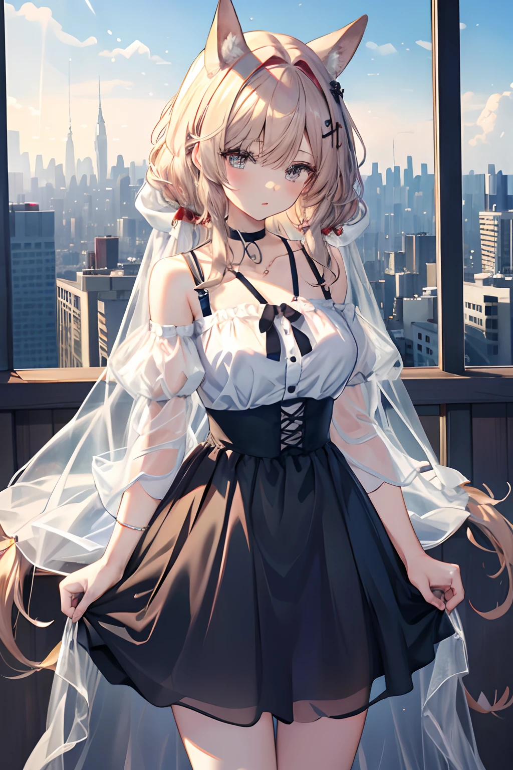 Best quality at best，tmasterpiece，1girll，silber hair，messy  hair，curly_hair，The shirt，a skirt，Kawai，JK，red_bow，Wrist watch，choker necklace，see-through_skirt,see-through dress,sheer clothes,transparent,view over city，8K original photos，超高分辨率，highest details，复杂，8k，HDR，