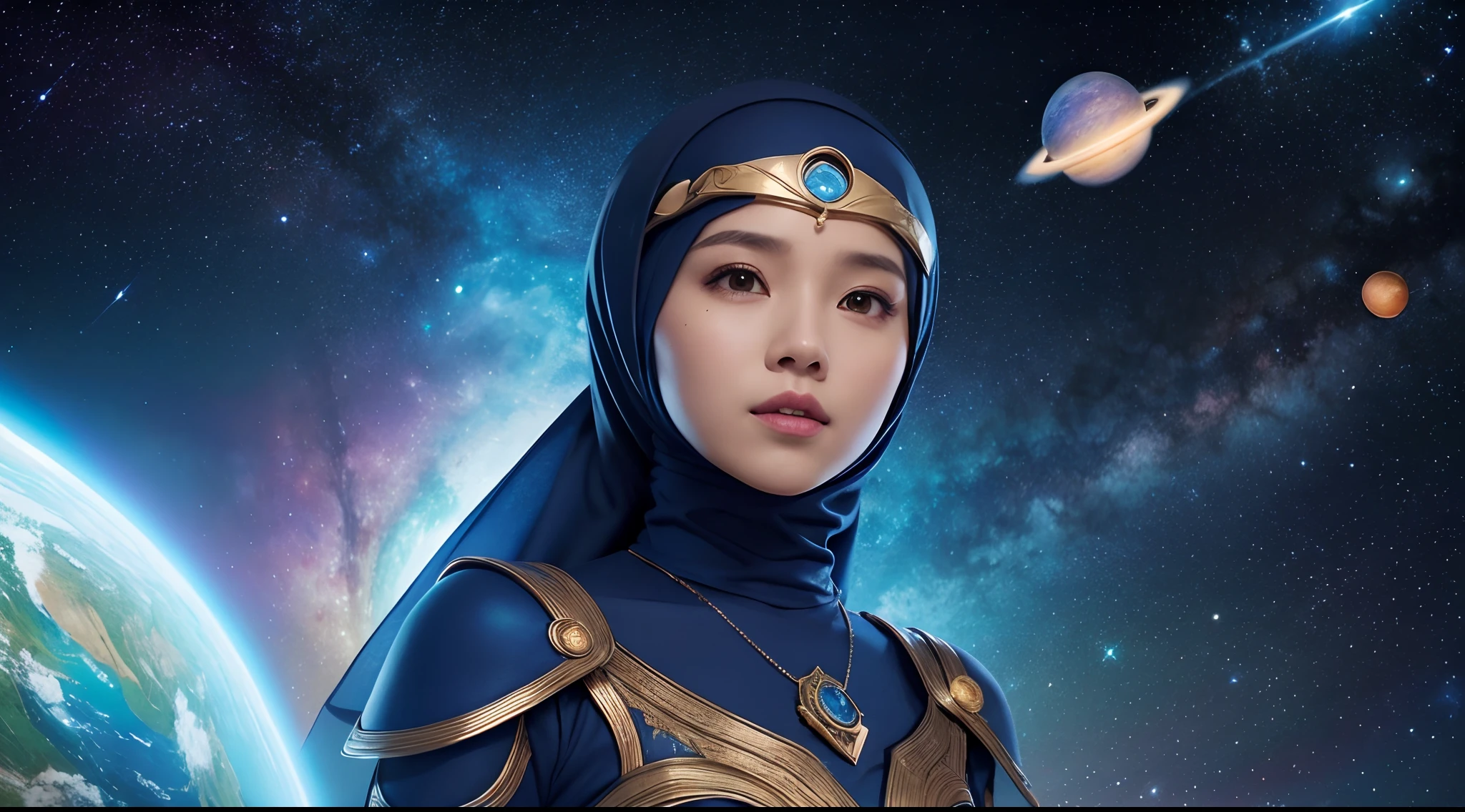 Visualize the Malay girl in hijab as a guardian of the galaxy, with celestial elements like planets and stars surrounding her. Use cosmic colors and lighting to convey her role as a protector of the universe, 28mm lens, Establishing shot, High Contrast cinematography effect, Natural Lighting, Desaturate color grading, high quality, ultra detail, 8k resolution,