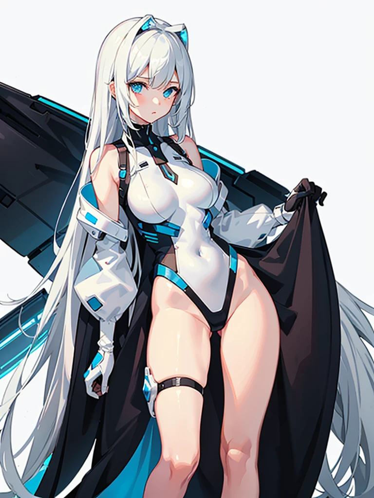 Slender beautiful girl、(White and blue futuristic space station background):1.2、Tight-fitting bodysuits of the near future、hight resolution、top-quality、The ultra-detailliert、Fine details、Does not blush cheeks、knee high、Undersized breasts、shorth hair、head phone