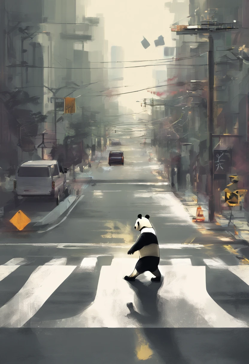 A panda is crossing the street,There are traffic lights around,There are zebra crossings on the ground,art work,Simple,Side view