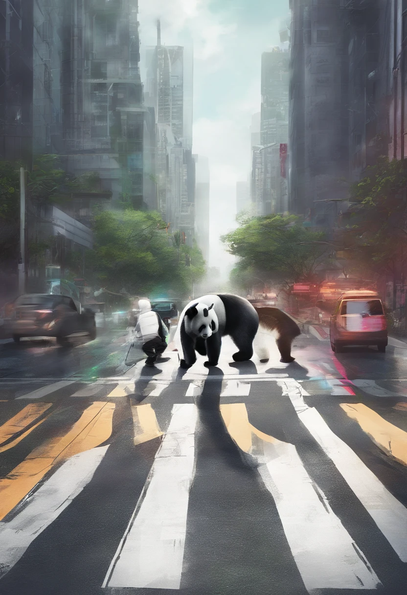 A panda is crossing the street,There are traffic lights around,There are zebra crossings on the ground,art work,Simple,Side view