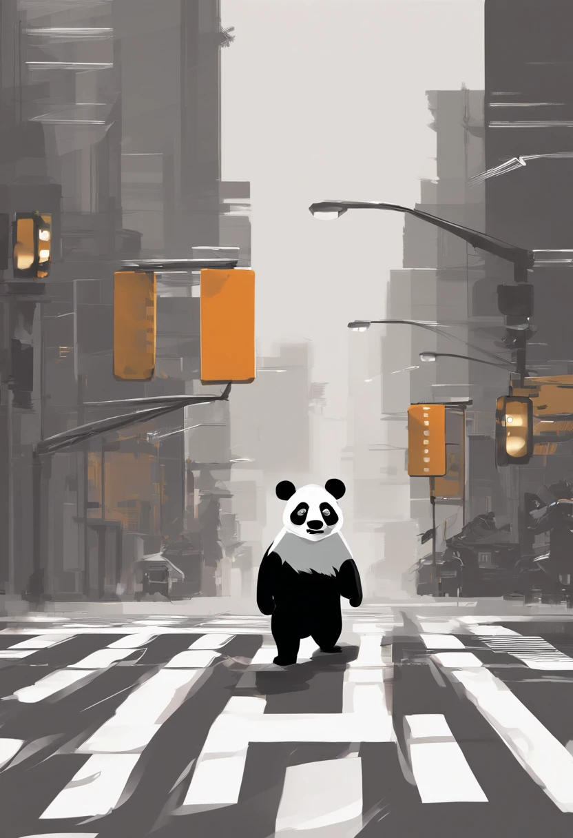 A panda is crossing the street,There are traffic lights around,There are zebra crossings on the ground,art work,Simple,Side view