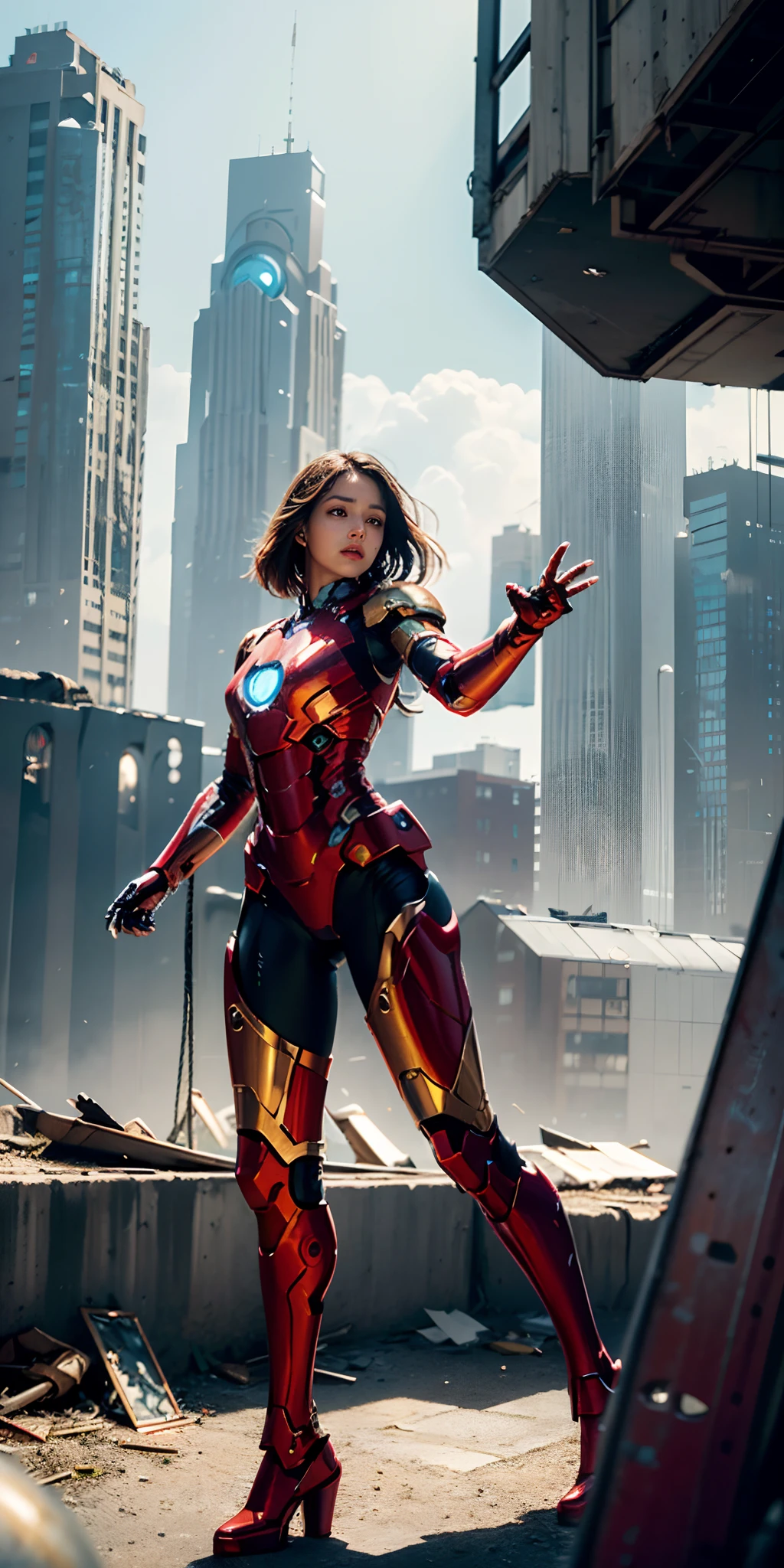 RAW, Masterpiece, Ultra Fine Photo,, Best Quality, Ultra High Resolution, Photorealistic, Sunlight, Full Body Portrait, Stunningly Beautiful,, Dynamic Poses, Delicate Face, Vibrant Eyes, (Side View) , she is wearing a futuristic Iron Man mech, red and gold color scheme, highly detailed abandoned warehouse background, detailed face, detailed and complex busy background, messy, gorgeous, milky white, high detailed skin, realistic skin details, visible pores , sharp focus, volumetric fog, 8k uhd, dslr camera, high quality, film grain, fair skin, photorealism, lomography, sprawling metropolis in futuristic dystopia, view from below, translucent