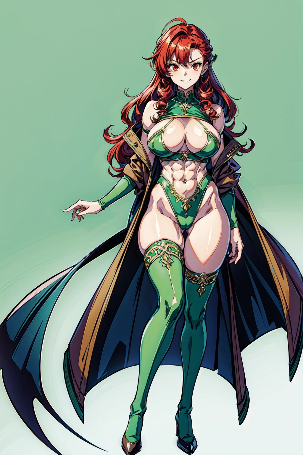 masterpiece:2, best quality:2, highly detailed:2, 8k, gradient green background, anime, 1girl\(20-year-old, ORC, grinning, evil, athletic:1.2, muscular:1.2, abs:1.2, long legs:1.4, curly red hair, big breasts, green stockings, green thigh boots with high heels, revealing clothes:1.2, slender waist, tight butts, beautiful face, red eyes, dynamic pose\), full-body image:1.2