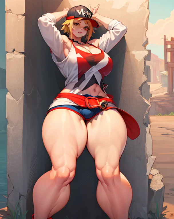 (masterpiece, best quality, high resolution, unity 8k wallpaper, extremely detailed CG:1), (illustration:1.0), 1girl, alicems , hat, baseball cap, off shoulder, cleavage, belt, bikini, shorts , shirt,, (wide hips:1.4), (big buttocks:1.4), (thick thighs:1.4), (small waist:1.4), (gigantic breasts:1.4)