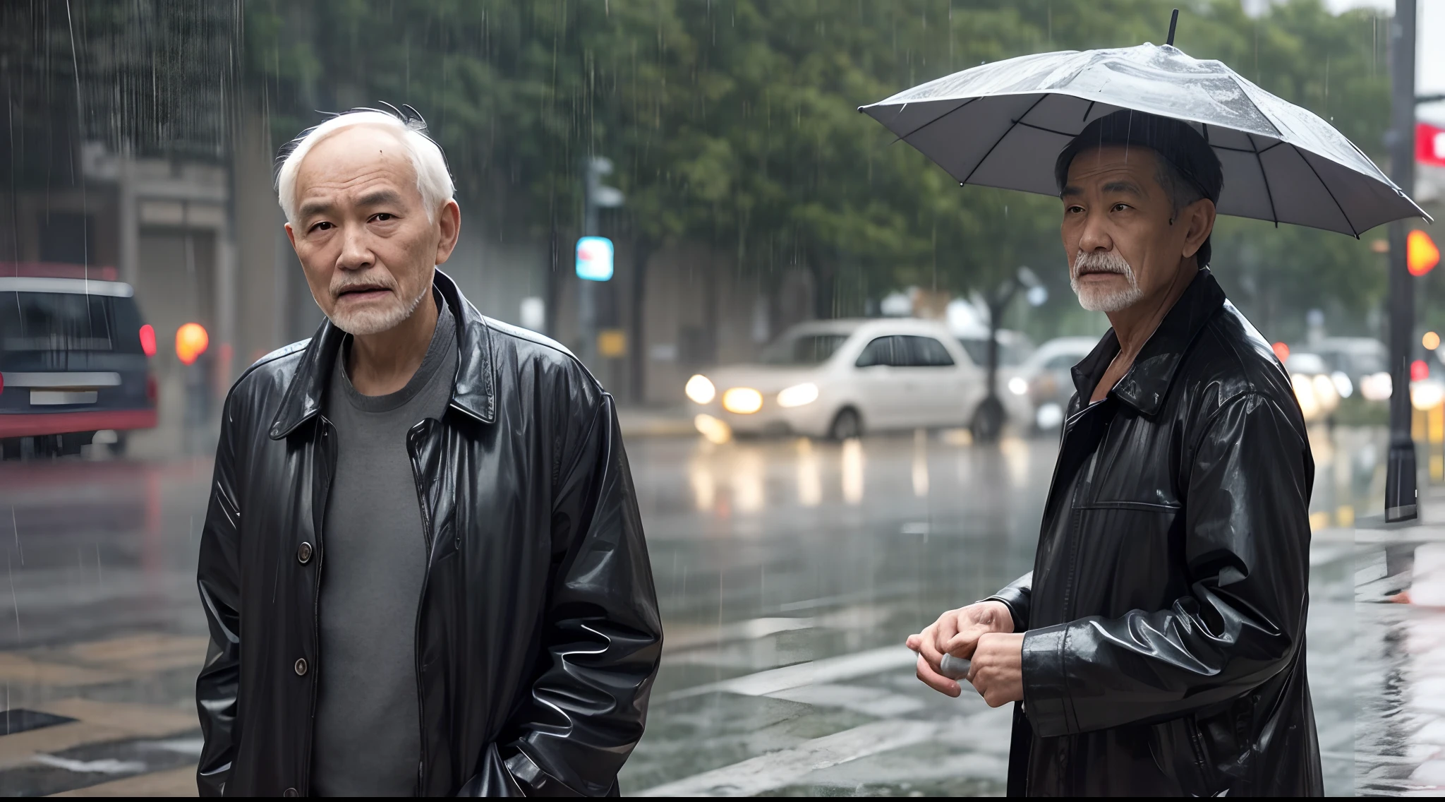 A photograph of an old man walking in the rain making eye contact with the viewer in a mid-shot view.