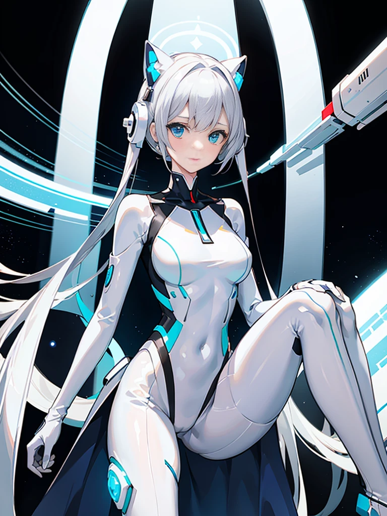 Slender beautiful girl、(White and blue futuristic space station background):1.2、Tight-fitting bodysuits of the near future、hight resolution、top-quality、The ultra-detailliert、Fine details、Does not blush cheeks、knee high、Undersized breasts、shorth hair、head phone