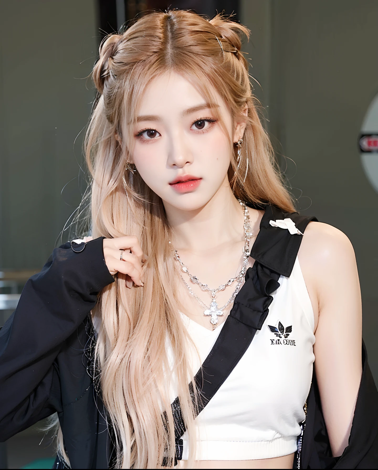 Un primer plano de una mujer con cabello largo y rubio con una blusa blanca, parque roseanne de blackpink, Lalisa Manobal, portrait of jossi de blackpink, Lalisa Manoban de Blackpink, jossi de blackpink, aesthetic!!!!!! genio femenino, jia, female korean idol portrait, retrato de jisoo rosa negro, jisoo de blackpink, kpop idol portrait