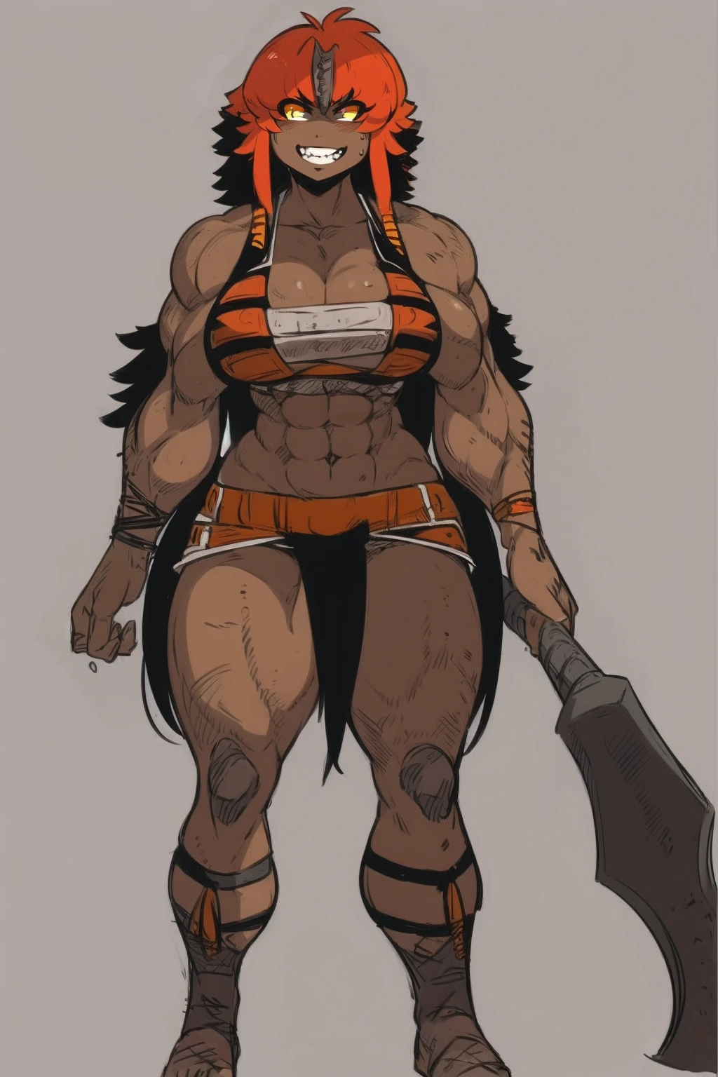 best quality, masterpiece, best shadows, black and orange hair, dark skin,,standing, full body, big breast, musclegirl, barbarian revealing cloths, , smile,#fashion design #warrior #woman #armor #clothing Trigger Words: barbarian_woman armor, smile open mouth