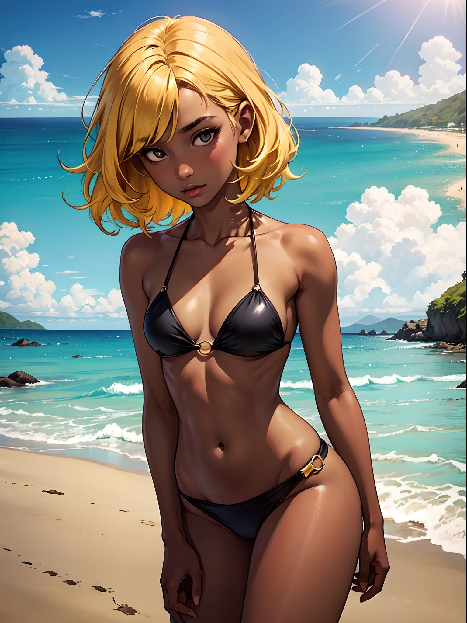 1girl, petite body, black skin tone, dirty Yellow hair, small chest, portrait, black eyes, Bikini, beach background, best quality, quality at best, skinny