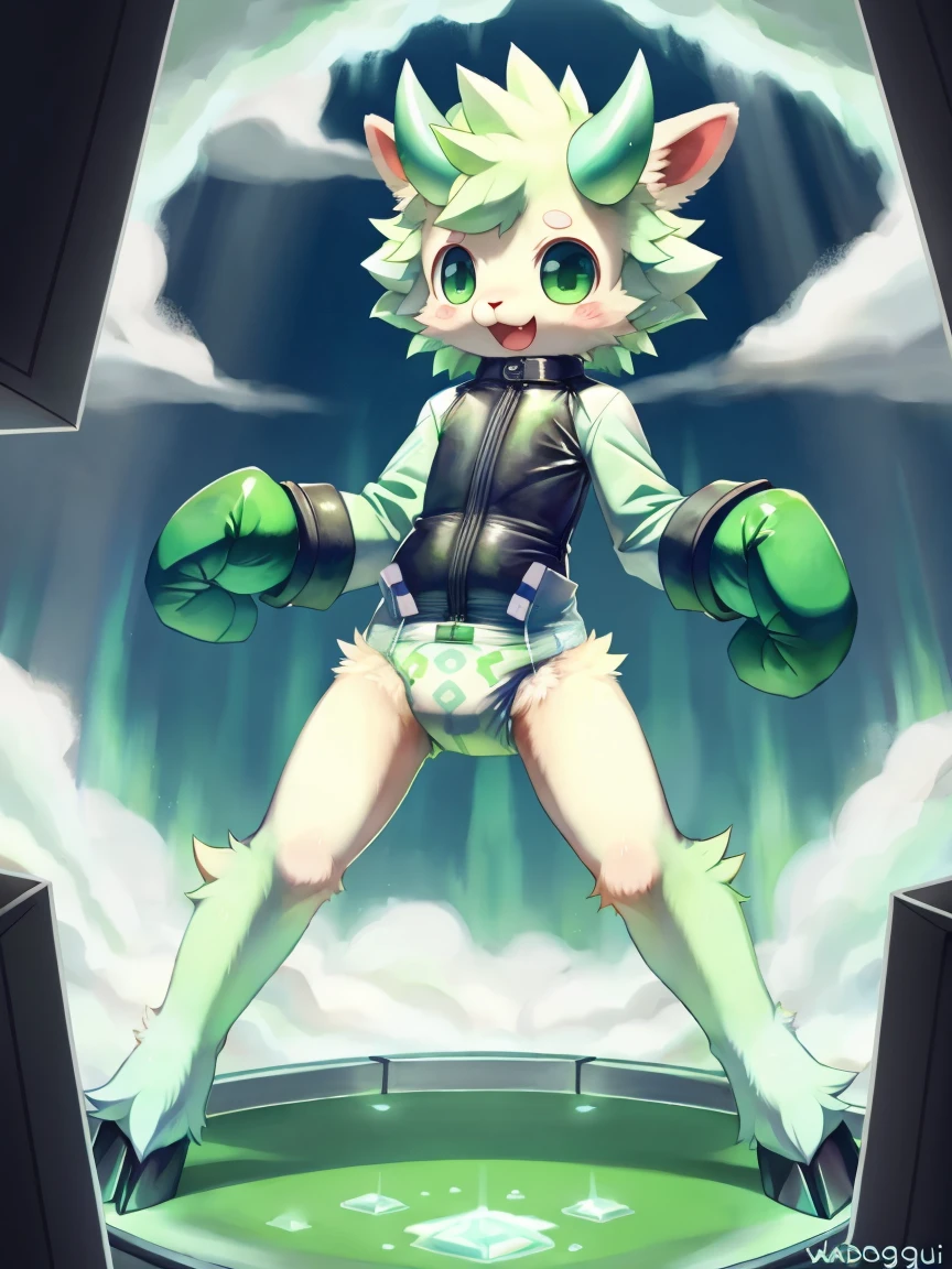 ((by wadorigi on Twitter)(Lamb)), pokemon, kid proportions, cute, adorable  , thin thighs, hooves,  upper limb hooves, light green fur, emerald horns, surrounded by green cloud swirling tornado, rotating green air currents on surroundings, green small cloud whirlwind, wearing soggy messy diaper leotard straitjacket, (leather cube shaped padded  fist mitts), leather wrist cuffs, standing, in laboratory