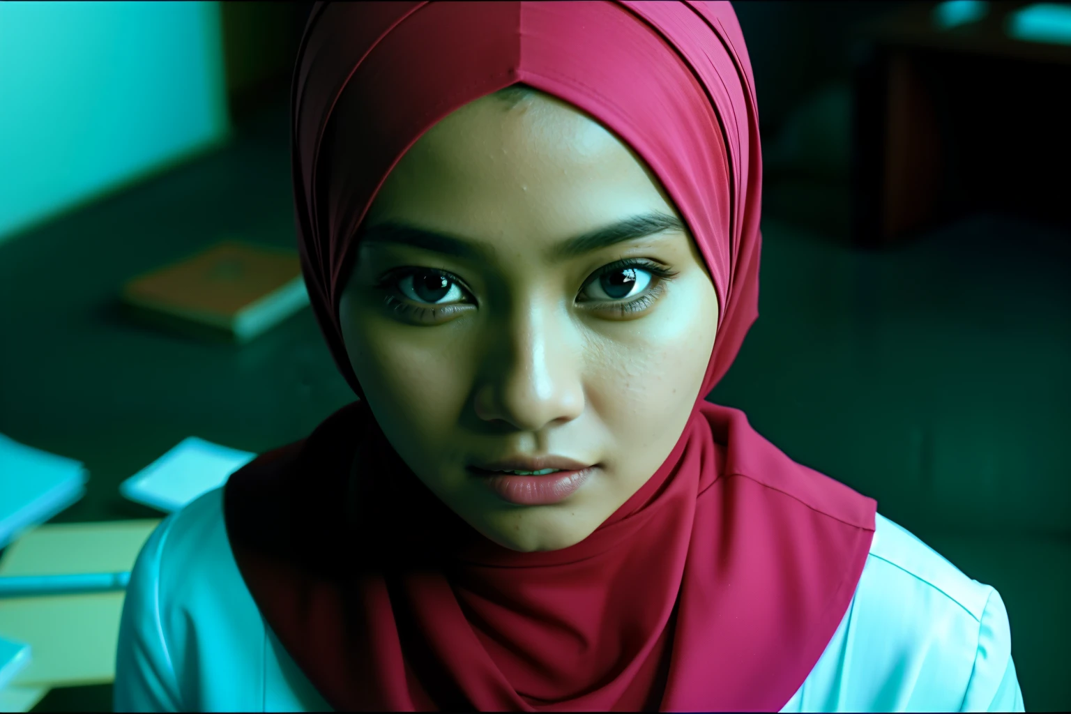 A malay girl in hijab and red pastel office suits in abandoned office, Super 8mm lense, Extreme close-up, High Contrast cinematography effect, Natural Lighting, Desaturate color grading, high quality, ultra detail, 8k resolution,