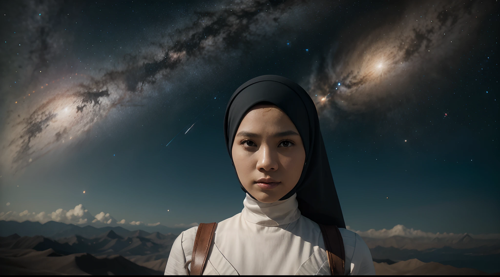 Visualize the Malay girl in hijab as a guardian of the galaxy, with celestial elements like planets and stars surrounding her. Use cosmic colors and lighting to convey her role as a protector of the universe, 28mm lens, Establishing shot, High Contrast cinematography effect, Natural Lighting, Desaturate color grading, high quality, ultra detail, 8k resolution,