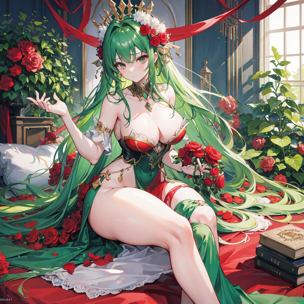 Biolandi Niang：Royal sister，Green hair，red color eyes，Wearing roses on the head，perfect bodies，big breasts beautiful，Emerald green revealing gown，Sexy figure，Bigchest，F cupcup，big breasts thin waist，fat hips，long leges，a plant，Rose flower，flower  sea，Natural environment，vitality，wanting，byself，Proportional coordination，Limb correct