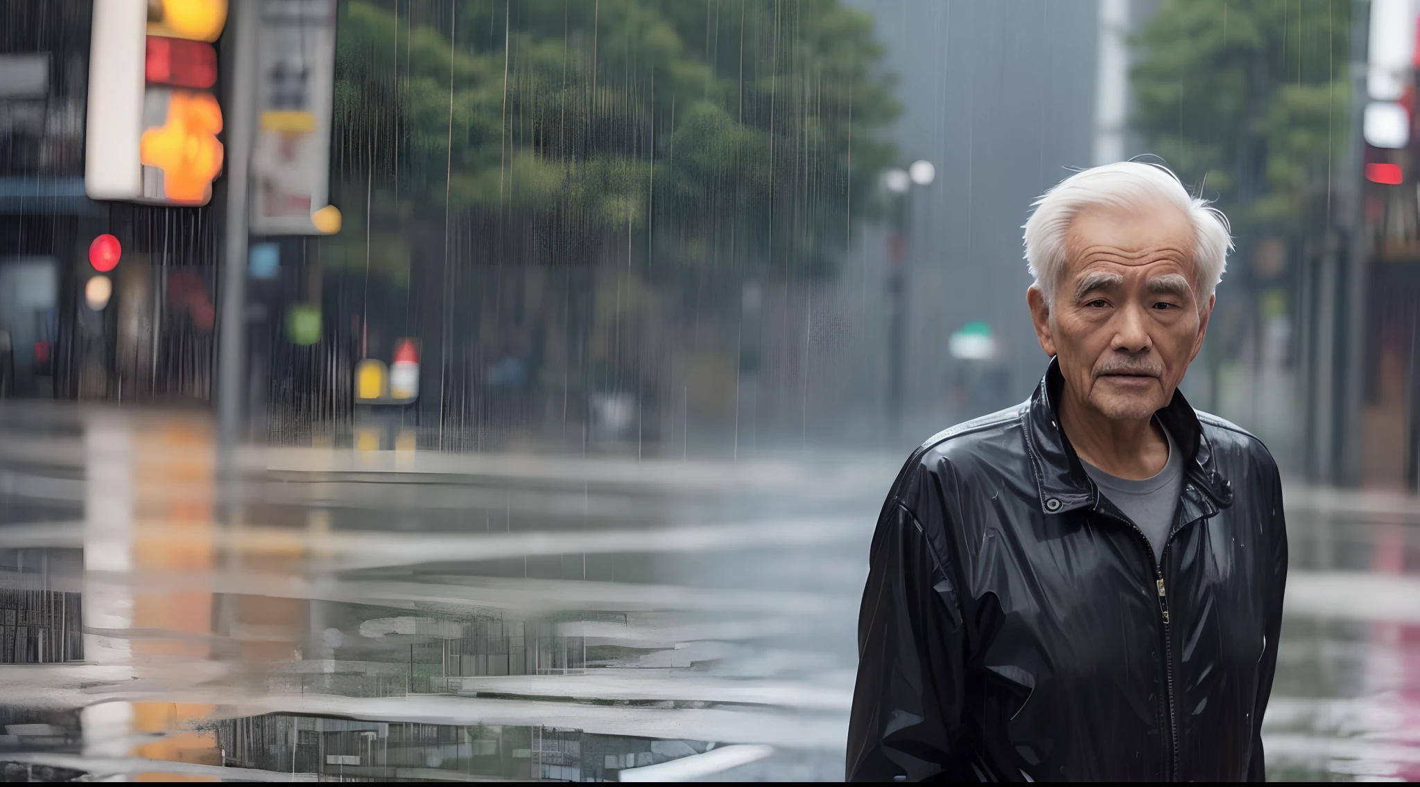 A photograph of an old man walking in the rain making eye contact with the viewer in a mid-shot view.