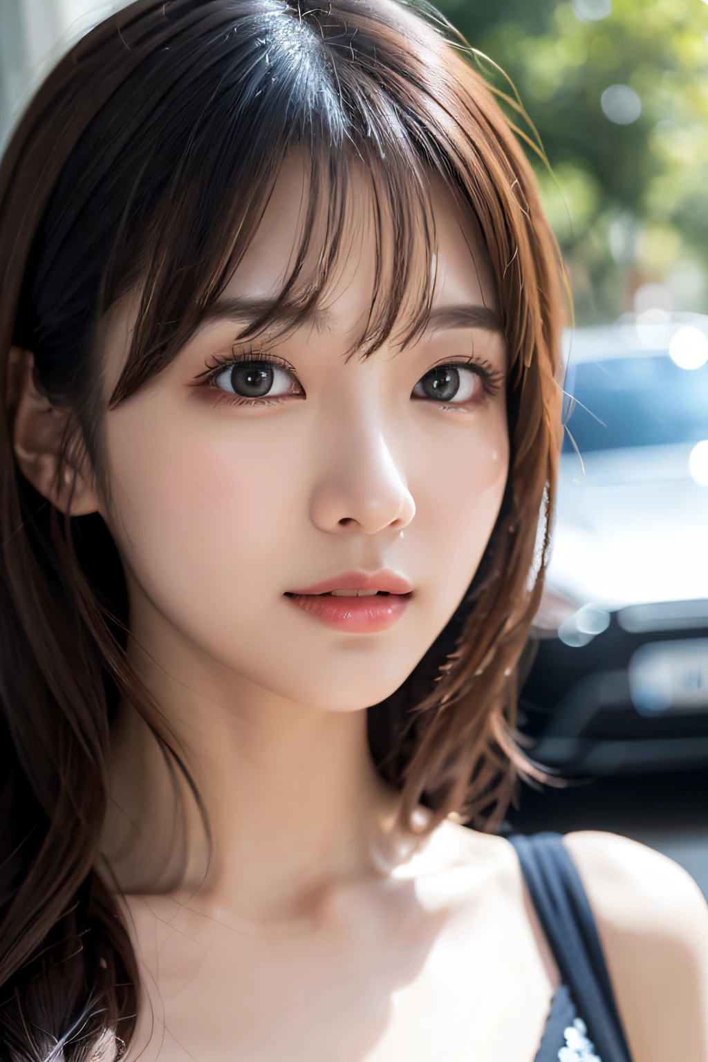 ​masterpiece、1 beautiful girl、A detailed eye、Puffy eyes、top-quality, 超A high resolution, (Realisticity: 1.4), cinematlic lighting、japanes、Asian Beauty、Korea person、Super beauty、Beautiful skin、The body is facing forward、up of face、(A hyper-realistic)、(hight resolution)、(8K)、(ighly detailed)、(beautifully detailed eyes)、(ultra-detailliert)、 (wall-paper)、A detailed face、Bright lighting、profetional lighting、looking at viewert、Facing straight ahead、oblique bangs、head with brown hair、乃木坂アイドル、韓国アイドル、hposing Gravure Idol、女優、age19、